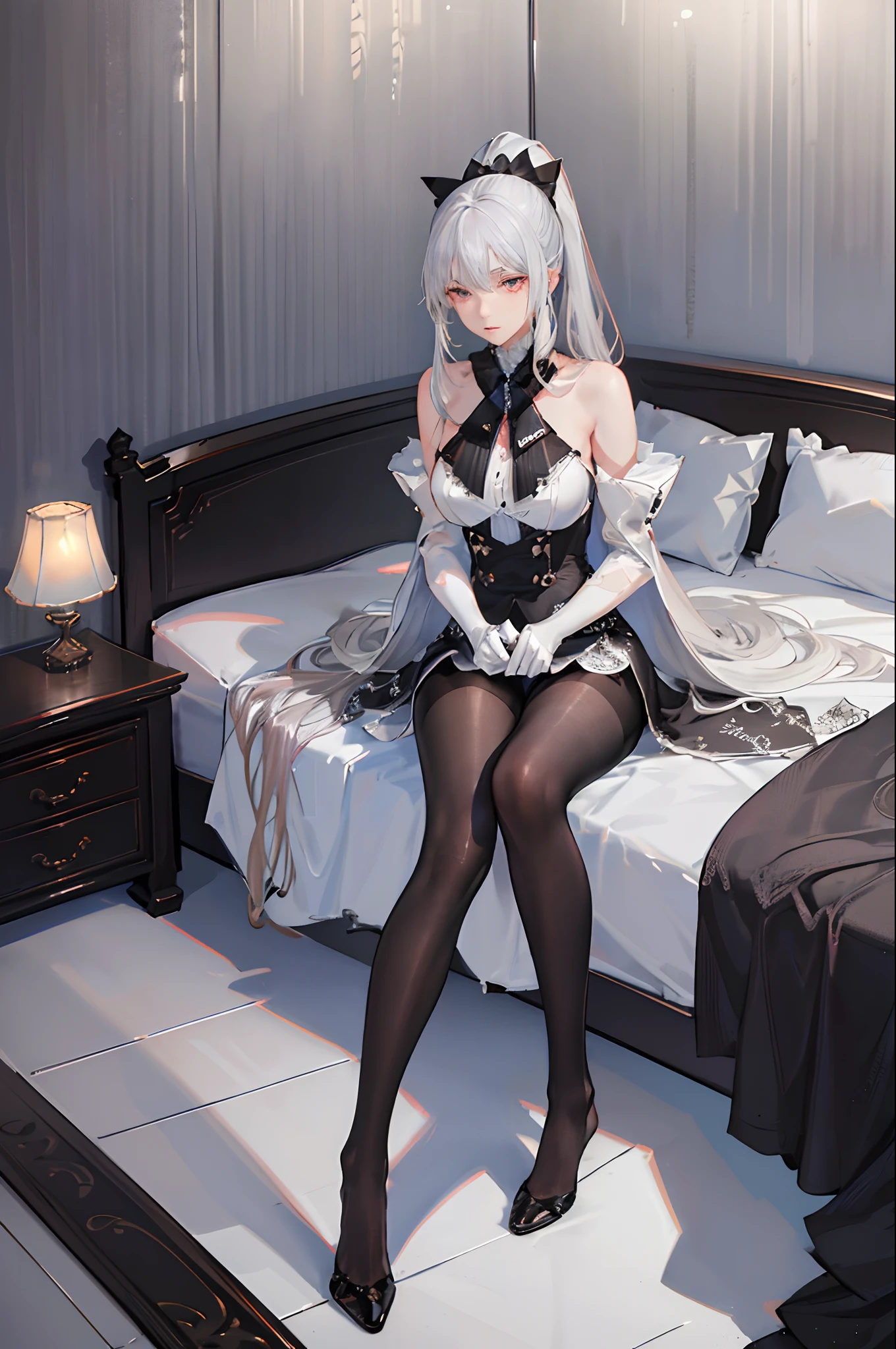 (low angle shot), (1 girl), ray tracing, (dim lighting), (detailed background (bedroom)), ((silver hair)), ((silver hair)), (Fluffy silver hair, plump slender girl) with high ponytail, silver red eyes, in the ominous bedroom, (highly detailed eyes:1.3), (Girl wears intricately embroidered black high-waisted pants with pantyhose: 1.2), white ruffled bow gloves, (showing a delicate slim figure and graceful curves:1.2), correct limbs, sitting on the bed, (8k, RAW photo, best quality, masterpiece:1.2), (beautiful long legs:1.3)