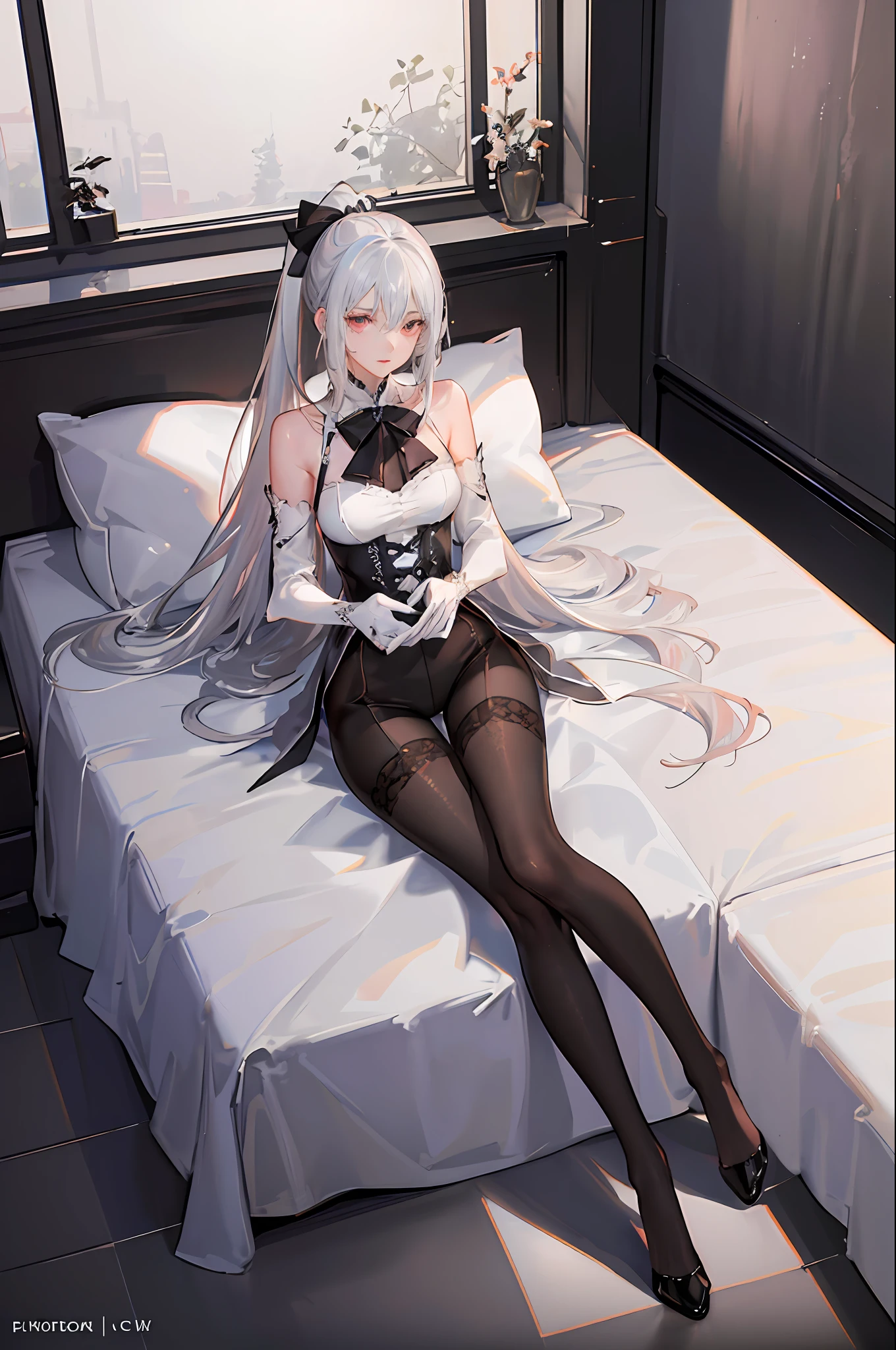 (low angle shot), (1 girl), ray tracing, (dim lighting), (detailed background (bedroom)), ((silver hair)), ((silver hair)), (Fluffy silver hair, plump slender girl) with high ponytail, silver red eyes, in the ominous bedroom, (highly detailed eyes:1.3), (Girl wears intricately embroidered black high-waisted pants with pantyhose: 1.2), white ruffled bow gloves, (showing a delicate slim figure and graceful curves:1.2), correct limbs, sitting on the bed, (8k, RAW photo, best quality, masterpiece:1.2), (beautiful long legs:1.3)