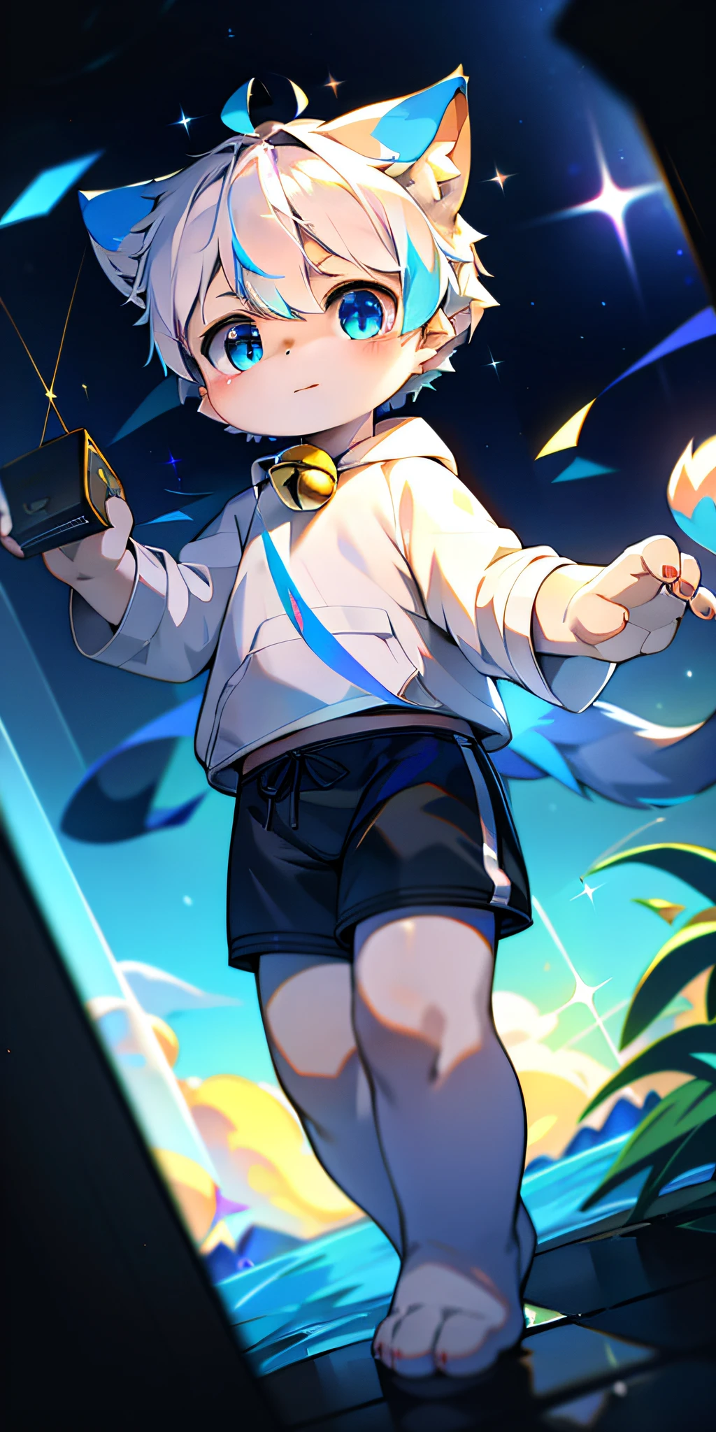 silver eyes, shota, White sweatshirt, Black  shorts, streaked hair, colored inner hair, silver hair, ahoge, floating hair, shiny hair, expressive hair, hair ornament, bell, star hair ornament, aqua eyes, gradient eyes, eye reflection, cat ears, parted lips, high detail, Cubism, anime style, anime, ray tracing, bloom, cinematic lighting, sparkle, chiaroscuro, UHD, retina, masterpiece, ccurate, textured skin, super detail, high details, high quality, award winning, best quality, highres, 8k