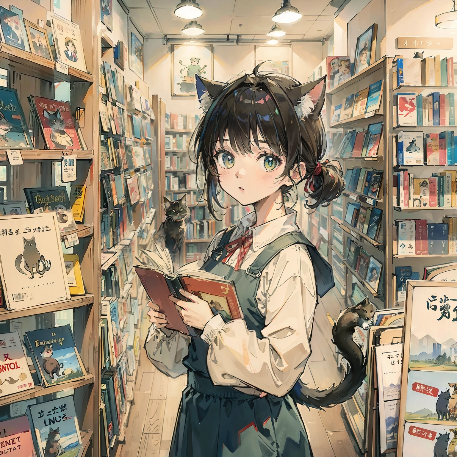 top-quality、​masterpiece、Take a cute cat、bookstore