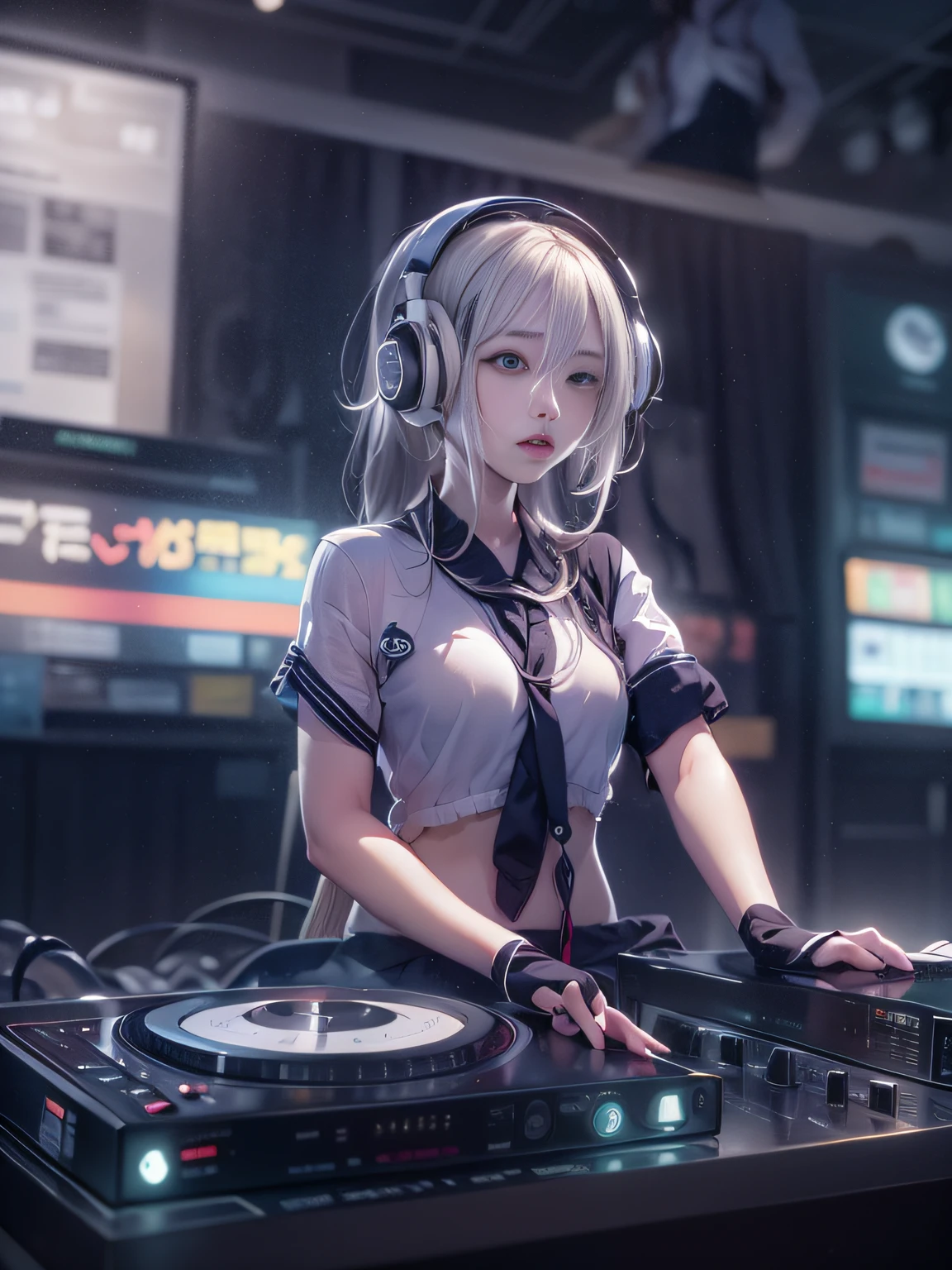 Ultra HD、super high quality、8K、Genuine、Perfect CG、The location is a dimly lit DJ booth...、Beautiful Russian woman in a swimsuit DJing with headphones。Synthesizers and equipment lined up、she is attractive、Has a flower tattoo.