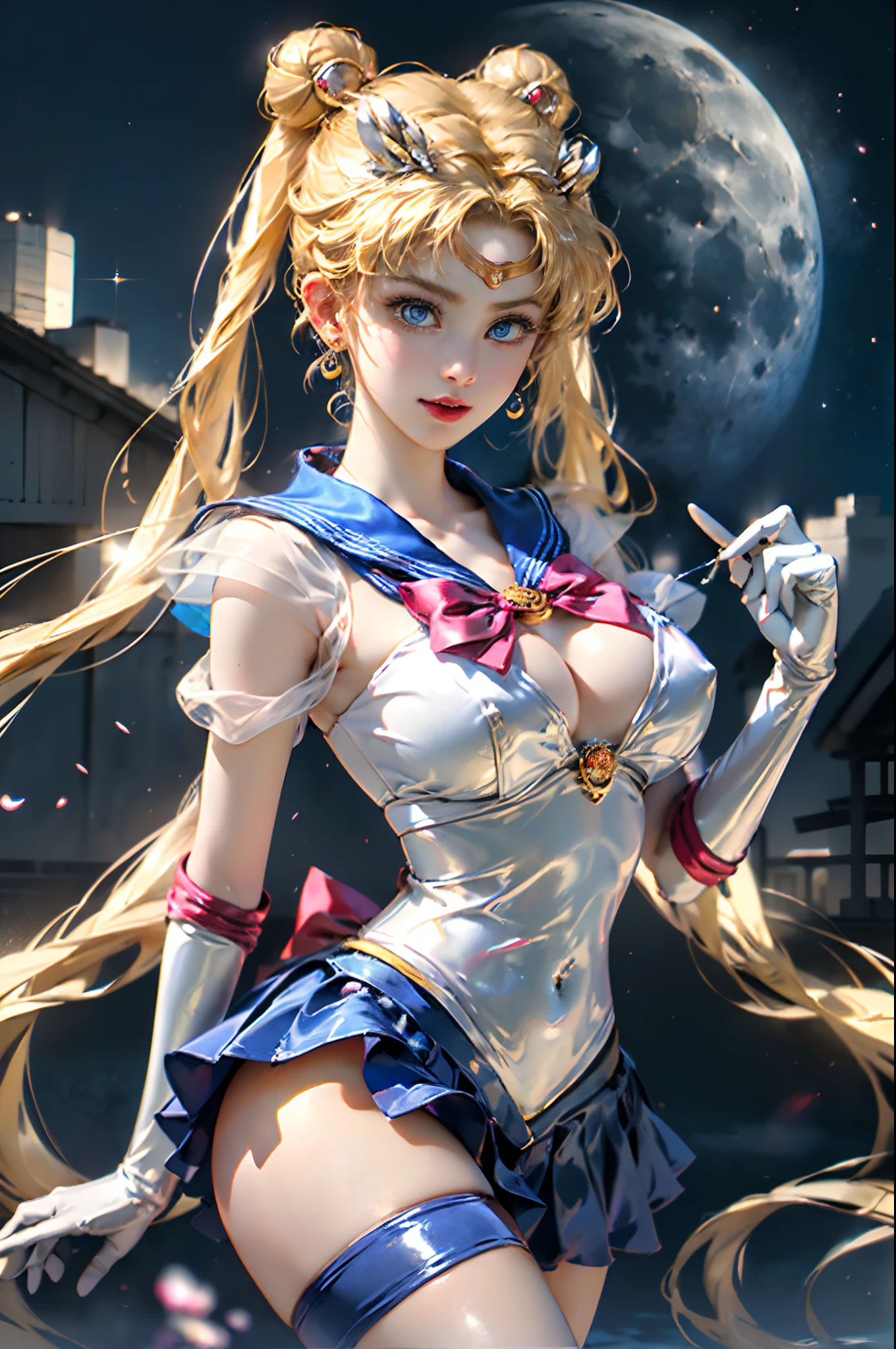 ​masterpiece、ful:1.3、stands、8K、3D、realisitic、Ultra Micro Photography、top-quality、Wallpapers with extreme details CG Unity 8K、frombelow、intricate detailes、(1 female)、28 year old、(Sailor Moon:1.6 Super Bishoujo Senshi Sailor Moon Mer1、meishaonv,tiarra、Sailor Senshi Uniform Sailor:1.5、sailormoon:1.5,eternal sailor moon)、(Incredibly long bright twin-tailed blonde:1.4、Thin and very long straight twin tail blonde, Hair buns、Red round hair ornament in a hair bun)、((Sailor Senshi Uniform、Blue collar,Blue sailor color,Blue pre-gate mini skirt:1.5、very large red bow on the chest,,,、Long white latex gloves,Red gloves on the elbows、Luxurious golden tiara on forehead、耳Nipple Ring,Luxurious Golden Jewelry、high leg swimsuit))、Very thin and fit high gloss white holographic leather、High Gloss White Latex High Leg Swimsuit That Shines Like Oil,(Details of face:1.5、Bright blue eyes、beautiful countenance、beautidful eyes、Outline of the iris, shinny eyes、thin lipss:1.5、thin and sharp pale eyebrows,、long dark eyelashes、Double eyelashes、Thin, thin and muscular,、a small face、tall and large breasts、perfectly proportions、big breasts thin waist、SEXY Model Pose、Dynamic Poses,Visible Pore、seducting smile、perfect hand:1.5、octan render、highly dramatic picture、(Lunar divinity,cosmic background、rays of moonlight、a moon、Dynamic backgrounds、exquisite lighting and shadow、dynamic ungle、细致背景),Strong natural light、sunlights、Digital SLR、foco nítido: 1.0、Maximum clarity and sharpness、