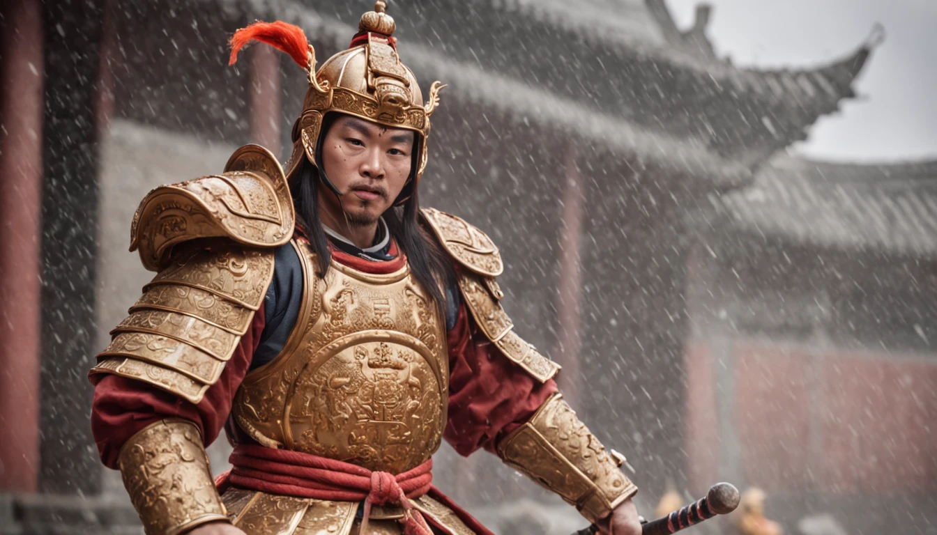 Heavy rain in the moon soil,Chinese Ancient Times,The Ming Dynasty experienced a hundred battles and fierce generals,Brave and domineering,Gold armor, silver armor, bright orange and white battle robe,Carry a giant axe,Athletic stance,Ride a swoop,In a huff,photore,8k wallpaper,Rouge complexion,full-figure,Highest appearance,extremely happy,Side viewing angle,full bodyesbian,Unrealistic engine rendering,rendering by octane,Realistic painting,starryskybackground,Fisheye perspective,coloured with lots of colour