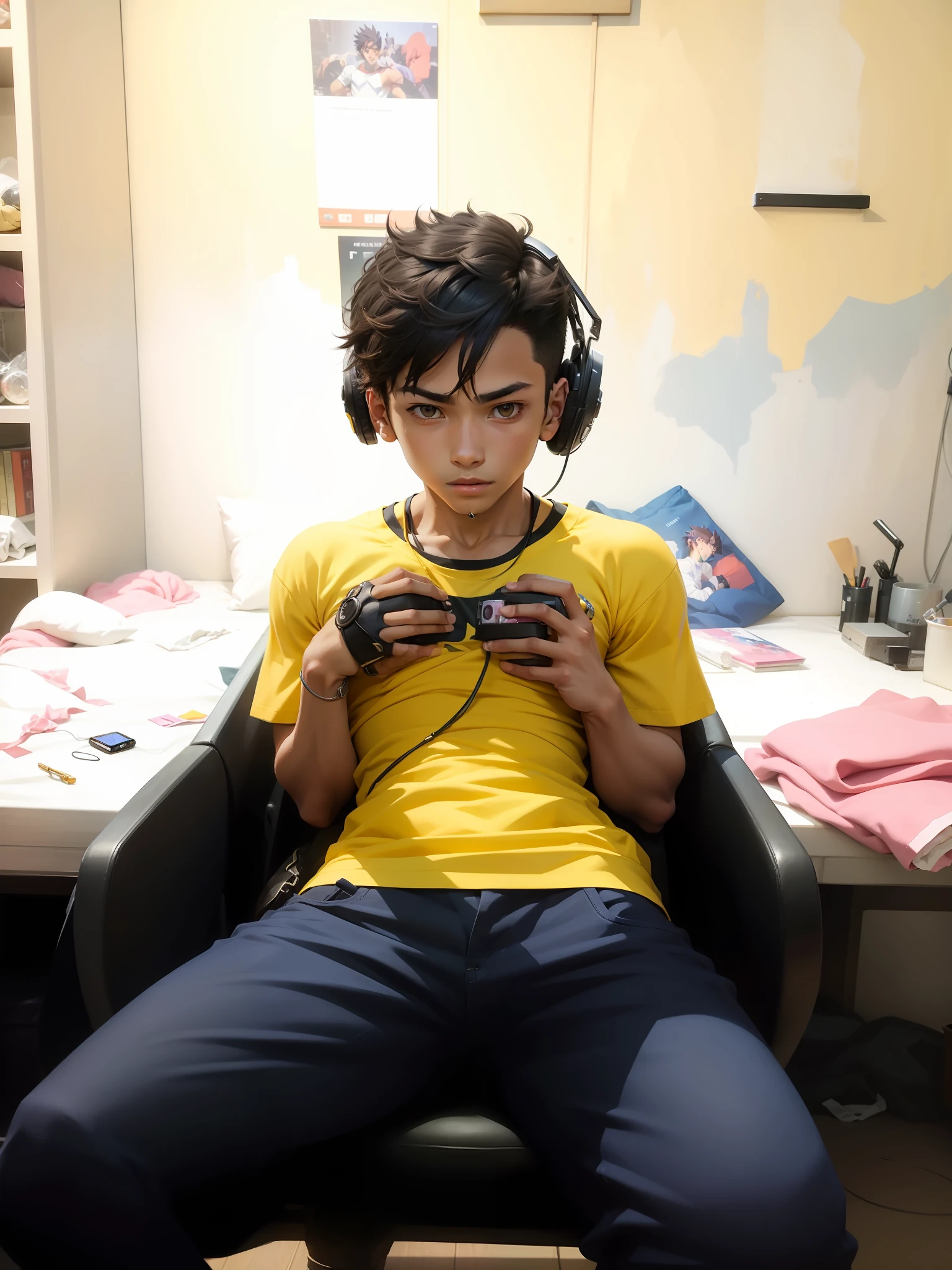 masterpiece, best quality, high quality, 1boy, solo, muscular, clothes inspired by digimon anime, short clothes, male focus, full body, looking at viewer,