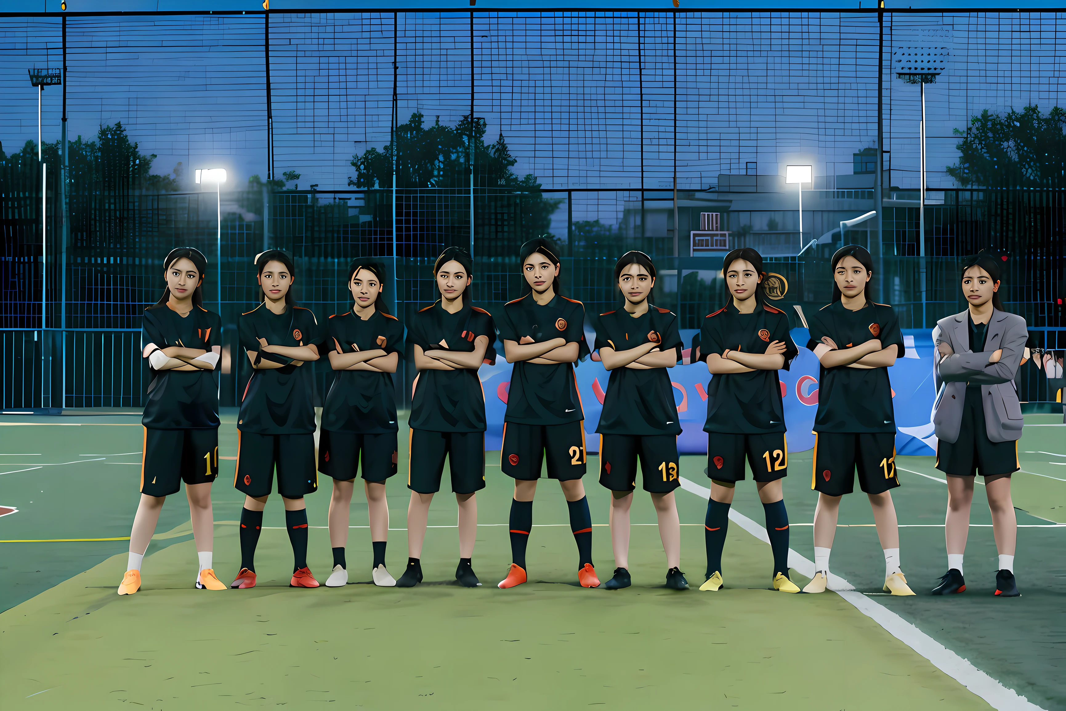 There are a lot of girls standing on the football field with their arms crossed,Inspired by Zou Yigui、nanquan,The middle shot is shot from the left,shot with Sony A 7 III。