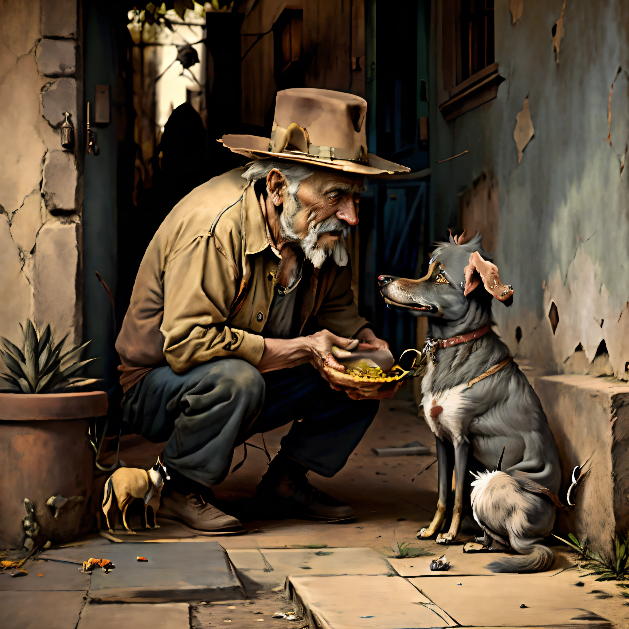 An old tramp eats a dog