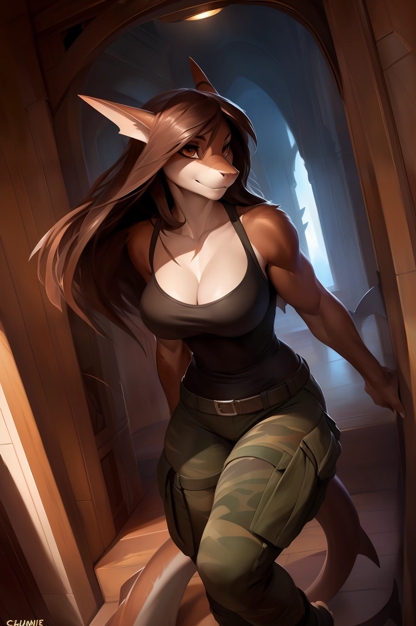 4k, high resolution, best quality, masterpiece, perfect colors, perfect shadows, beautiful and detailed portrait of a (((feminine))), perfect lighting, posted on e621, (by Chunie, by Einshelm), furry, anthro, furry art, ((portrait)), Female, black legs from foot to knee, Beautiful brown eyes, fit body, perfect masculine body, detailed fur, detailed face, ((Bonifasko lighting)), (detailed eyes), perfect pupils, Tall, Long brown hair, messy long hair, Wide hips, big legs, C cup breasts, Camo cargo pants, wearing clothes, Arms white, Black T-shirt, Shark, Very muscular
