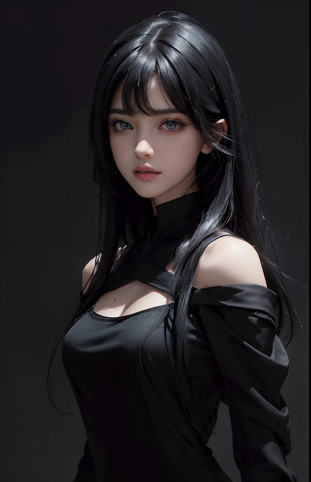 (Ultra Realistic), (Illustration), (Increased Resolution), (8K), (Extremely Detailed), (Best Illustration), (Beautiful and Detailed Eyes), (Best Quality), (Ultra Detailed), (Masterpiece ), ( wallpaper), (detailed face), solo, 1 girl, looking at viewer, fine details, detailed face, in the dark, deep shadows, low key, pureerosfaceace_v1, smiling, long hair, black shawl straight hair , 46 points oblique bangs, masterpiece, best quality, 35mm, 8k, absurdres, beautiful girl, (upper body, dark grey background:1.4), (black classical dress, black hair:1.6), slender, dark studio, rim lighting, ultra realistic, highres, photography, film grain, chromatic aberration, depth of field, sharp focus, HDR, facelight, dynamic lighting, cinematic lighting, professional shadow, dark shadow, highest detailed, extreme detailed, ultra detailed, finely detail, real skin, delicate facial features, detailed face and eyes, sharp pupils, realistic pupils, long black hair with bangs, black hair top, white hair undercolor, Split Hair Two Tone , Split Hair Two Tone black and white color hair.