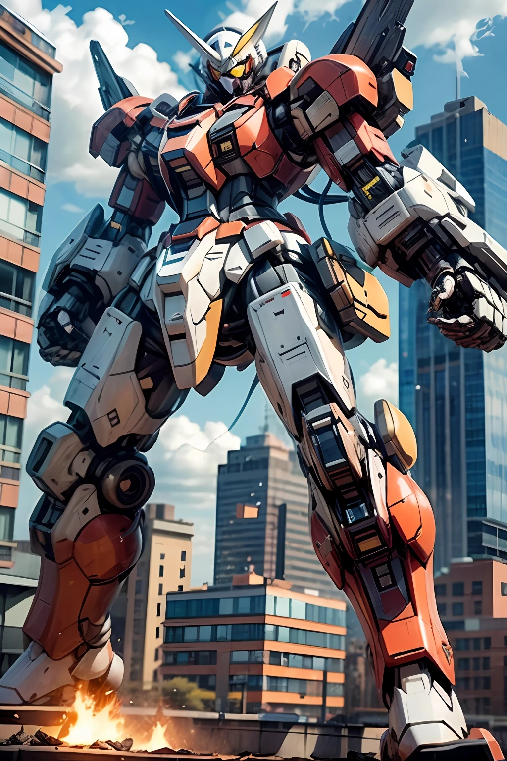 sky, cloud, holding_weapon, no_humans, glowing, robot, building, glowing_eyes, mecha, science_fiction, city, real, mecha, masami ohari, gundam