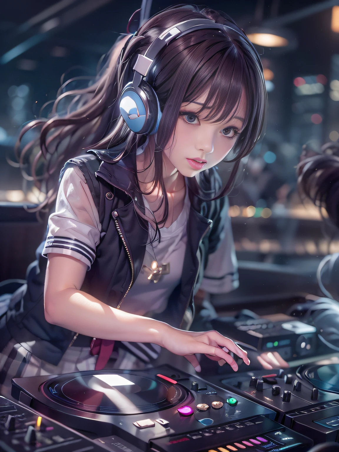 Alafed woman in DJ venue wearing headphones, A look tinged with joy，Ephemeral woman，nightcore, With headphones, Kantai Collection Style,  Soft lighting, with head phones, DJ female, anime moe art style，I am a DJ，They're concentrating，