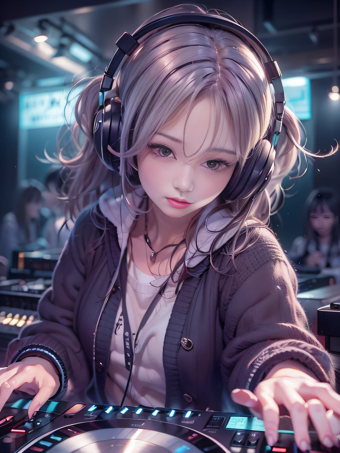 Alafed woman in DJ venue wearing headphones, A look tinged with joy，Ephemeral woman，nightcore, With headphones, Kantai Collection Style,  Soft lighting, with head phones, DJ female, anime moe art style，I am a DJ，They're concentrating，