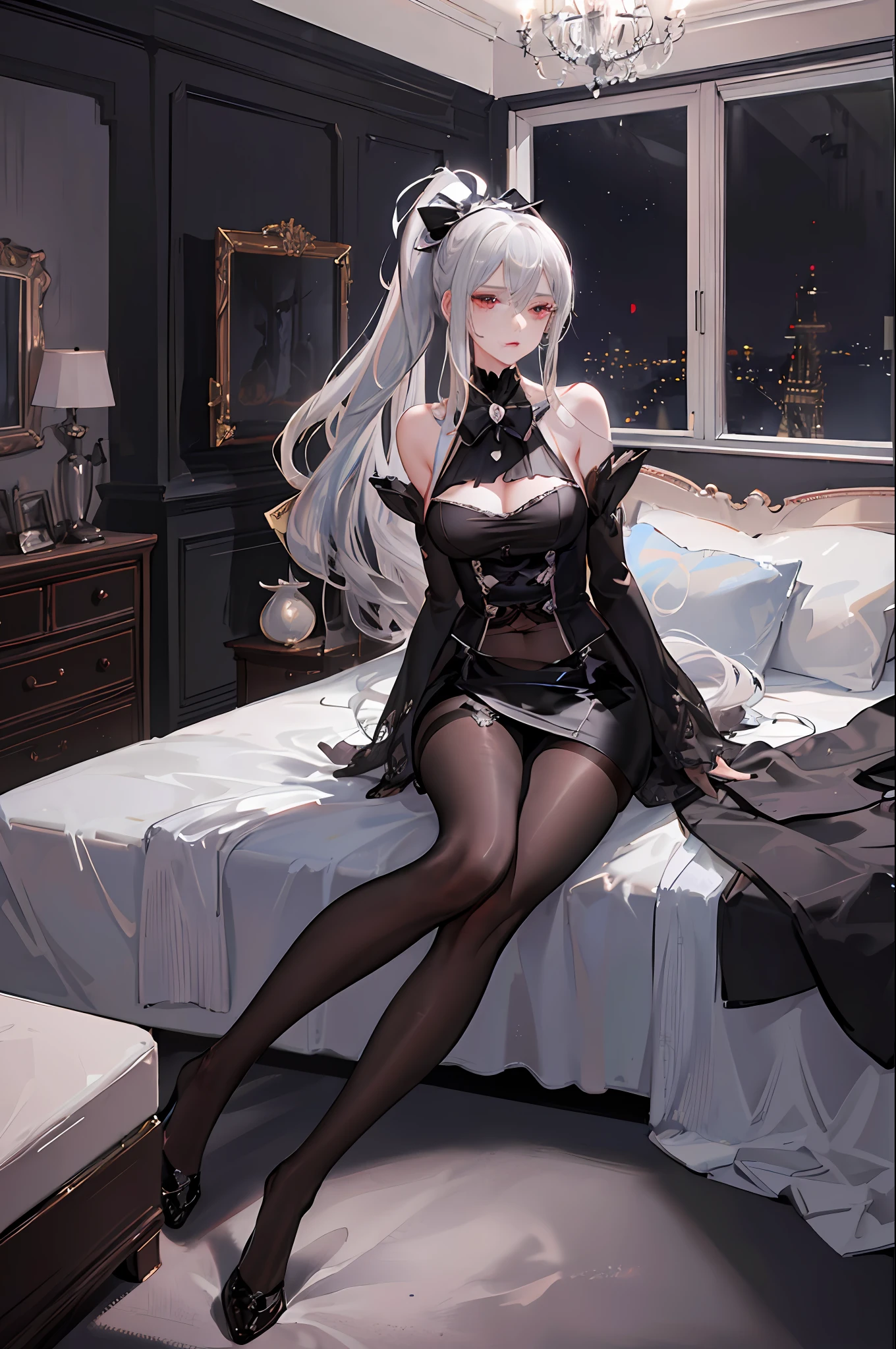 (1 girl), ray tracing, (dim lighting), (detailed background (bedroom)), ((silver hair)), ((silver hair)), (Fluffy silver hair, plump slender girl) with high ponytail, silver red eyes, in the ominous bedroom, (highly detailed eyes:1.3), (Girl wears intricately embroidered black high-waisted pants with pantyhose: 1.2), white ruffled bow gloves, (showing a delicate slim figure and graceful curves:1.2), correct limbs, sitting with both knees up, (8k, RAW photo, best quality, masterpiece:1.2), (beautiful long legs:1.3)