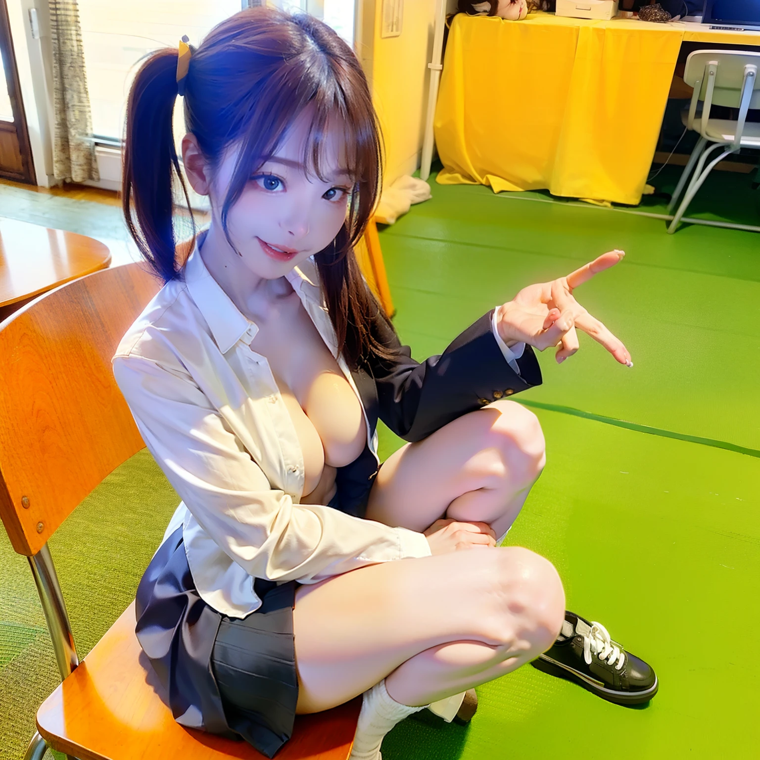 top Quority， realisticlying， 8K， k hd，  Female pervert， （1.8）， schools， Female Student， blazer jacket， 校服，Visible nipple， with no underpants， The skirt is boldly pulled up， （（sit on chair，legs are open））， bend the knees and open the legs， The hairstyle is slightly shorter， Open your legs by grasping your knees with your hands， Buttoned shirt flutters, J cup:1.9]、