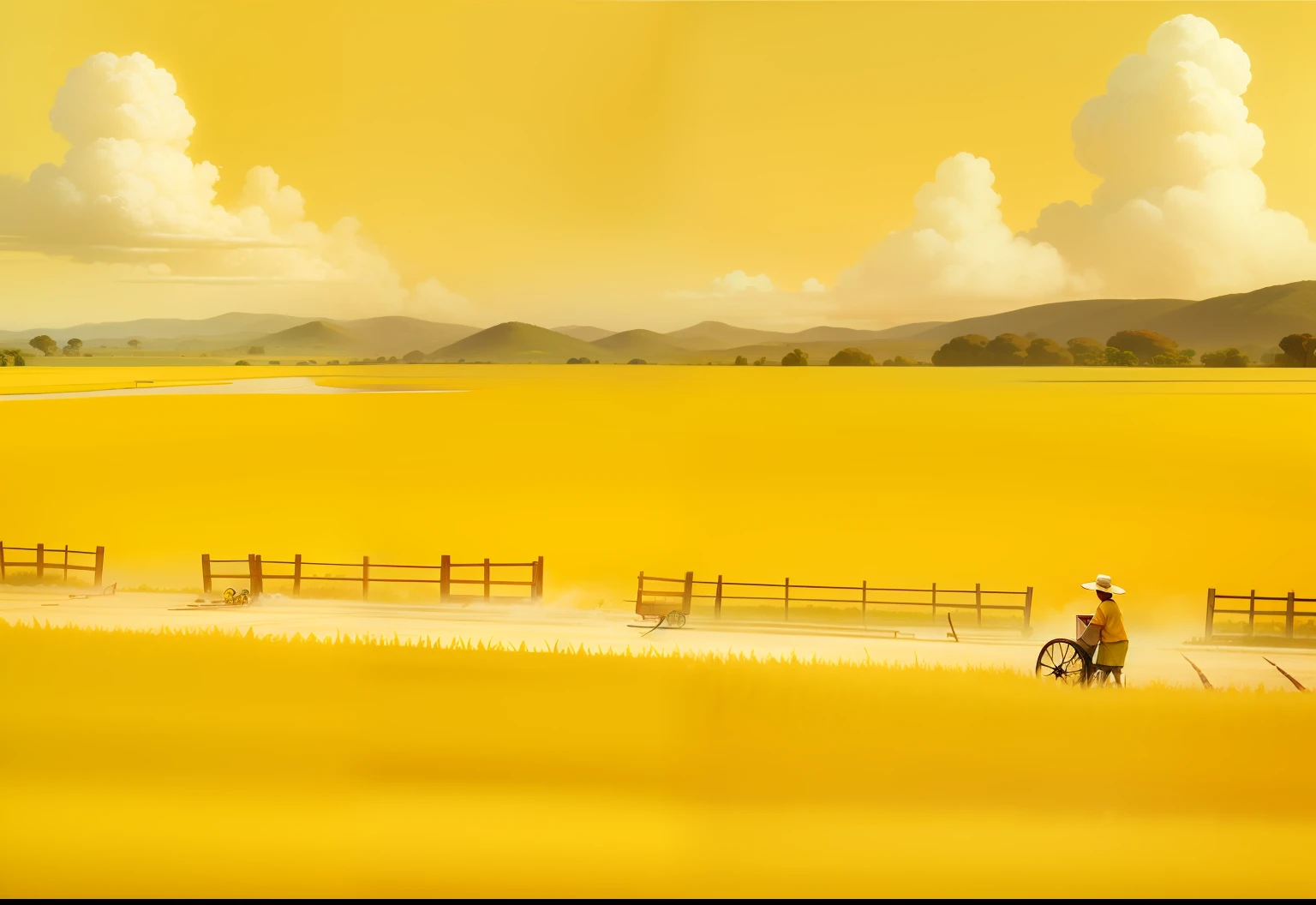 Yellow rice fields,Cute version of the man pulling the wooden handcart