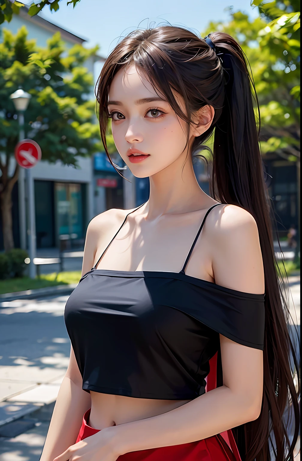 best qualtiy,sface focus,Look at the audience head-on,the soft light,(depth of fields),超高分辨率,(Photorealsitic:1.4),RAW photos,Bigchest,Red clothes,Open navel,Bare shoulders,By bangs,Long ponytail hairstyle,(sportrait:1.4),(From the front side)1girll,独奏,adolable,(Shy,ssmile:1.1),(with brown eye),Detailed beautiful face,(mid day_Hair), moon in the night,Walk,(off-the-shoulder shirts),