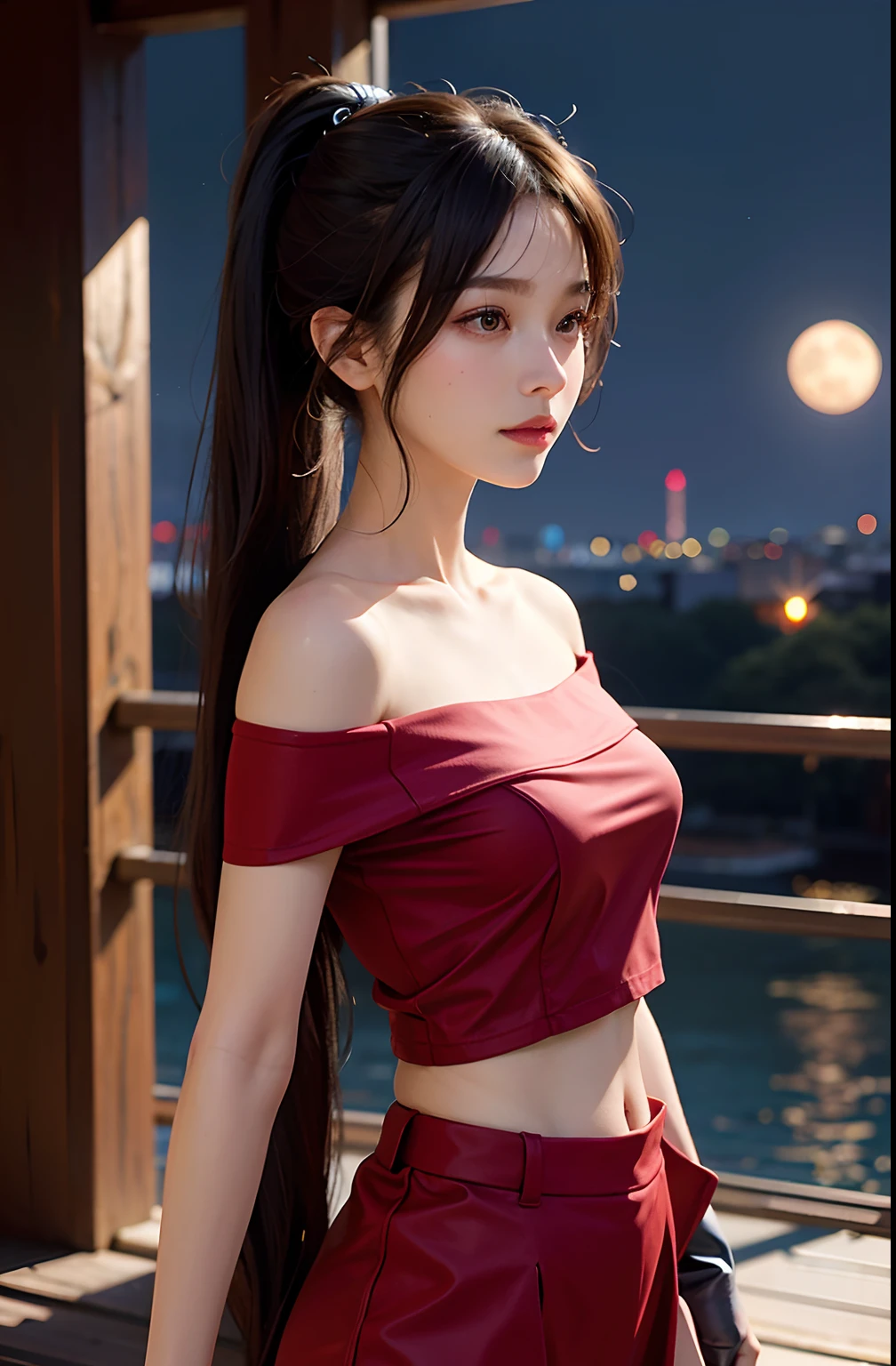 best qualtiy,sface focus,Look at the audience head-on,the soft light,(depth of fields),超高分辨率,(Photorealsitic:1.4),RAW photos,Bigchest,Red clothes,Open navel,Bare shoulders,By bangs,Long ponytail hairstyle,(sportrait:1.4),(From the front side)1girll,独奏,adolable,(Shy,ssmile:1.1),(with brown eye),Detailed beautiful face,(mid day_Hair), moon in the night,Walk,(off-the-shoulder shirts),
