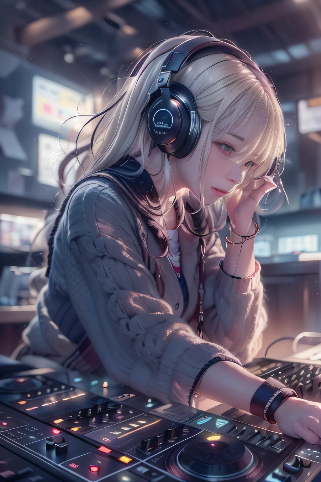 Alafed woman in DJ venue wearing headphones, A look tinged with joy，Ephemeral woman，nightcore, With headphones, Kantai Collection Style,  Soft lighting, with head phones, DJ female, anime moe art style