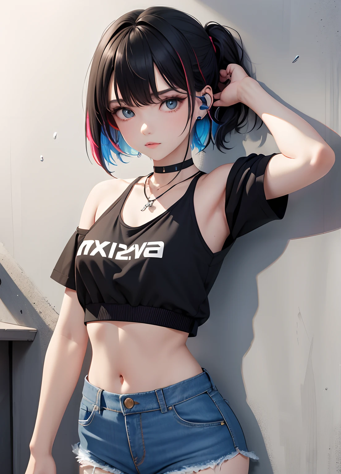 tmasterpiece, Best quality at best, 1girll, 独奏, crop tops, short denim skirt, choker necklace, (scribbles:1.5), paint splatter, Behind the arm, against a wall, looking at viewert, armlets, thigh band, Paint on the body, tilt of the head, Nudy, O cabelo multicolorido, Water-colored eyes, Earphone,