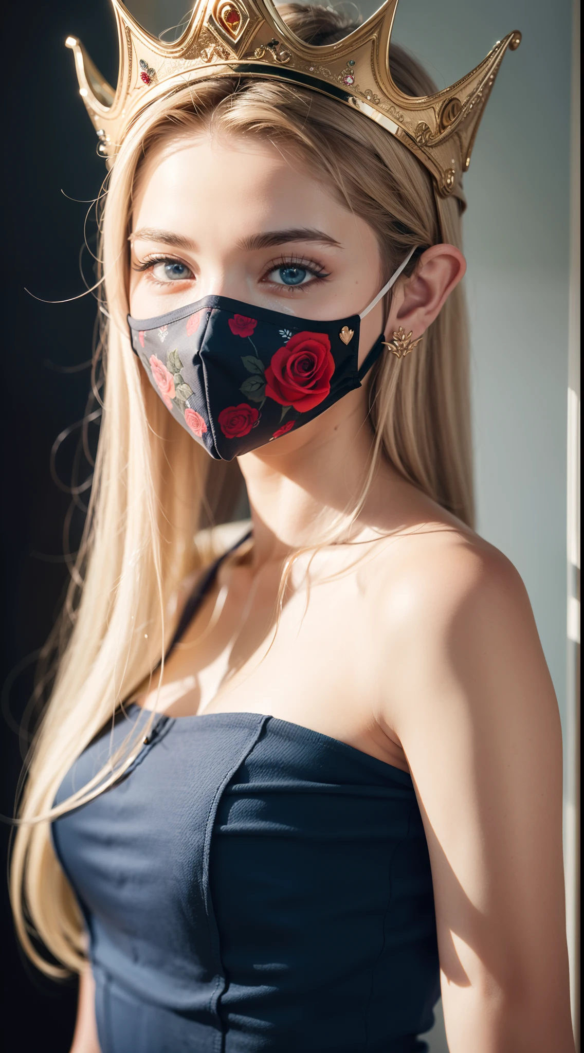 Rose-patterned masks are elaborately depicted,Delicate skin,Blue charming eyes,watered eyes,Blonde hair,elvish ears,Silvery crown,Soft light and shadow,best quality wallpaper,ultra HD picture quality。