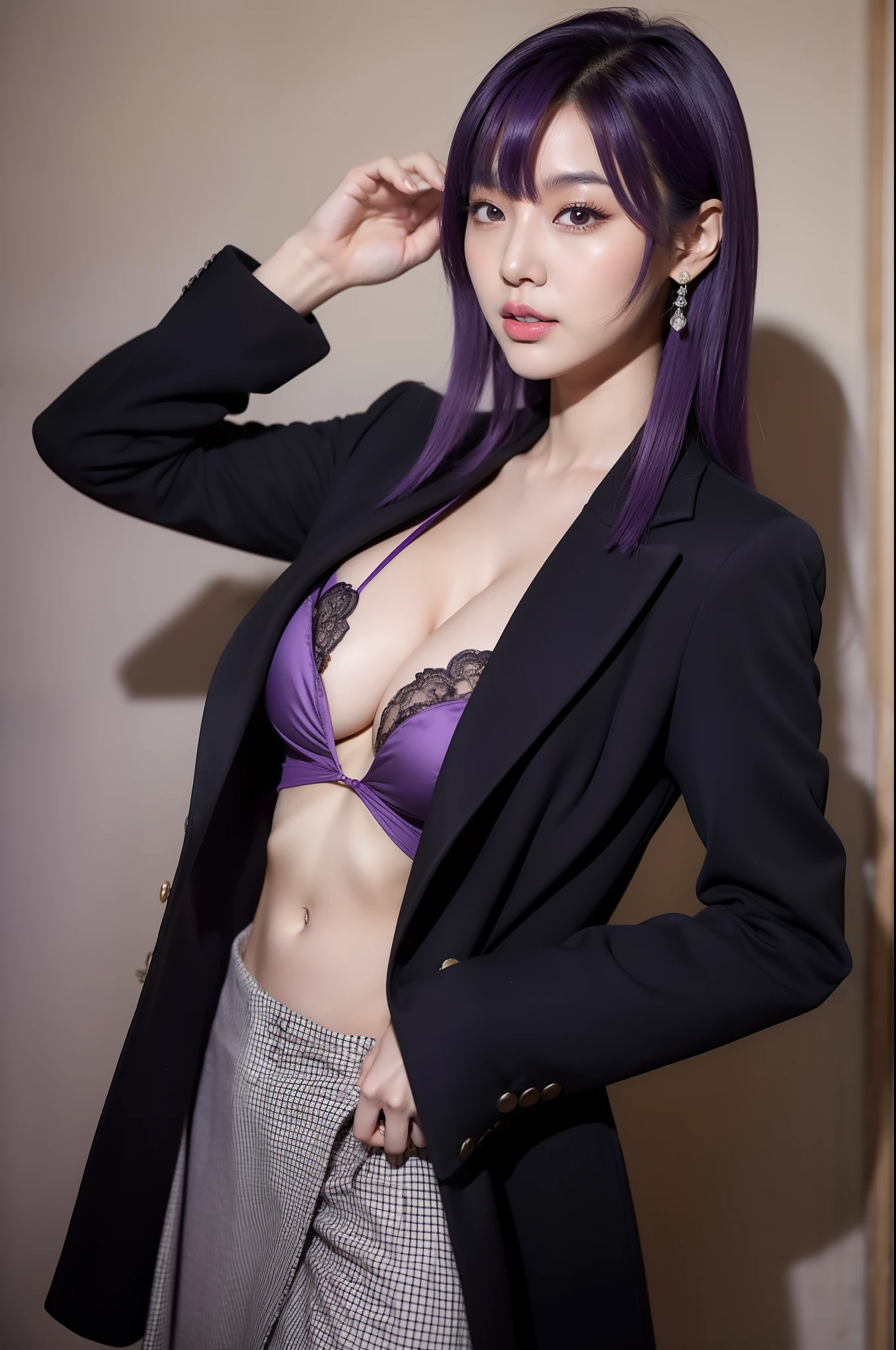pirate suit, arafed asian woman in a skirt posing for a picture, jaeyeon nam, gorgeous young korean woman, beautiful south korean woman, korean girl, beautiful young korean woman, korean woman, heonhwa choe, korean women's fashion model, sexy look, big breast, light purple hair, sexy pose, show breast