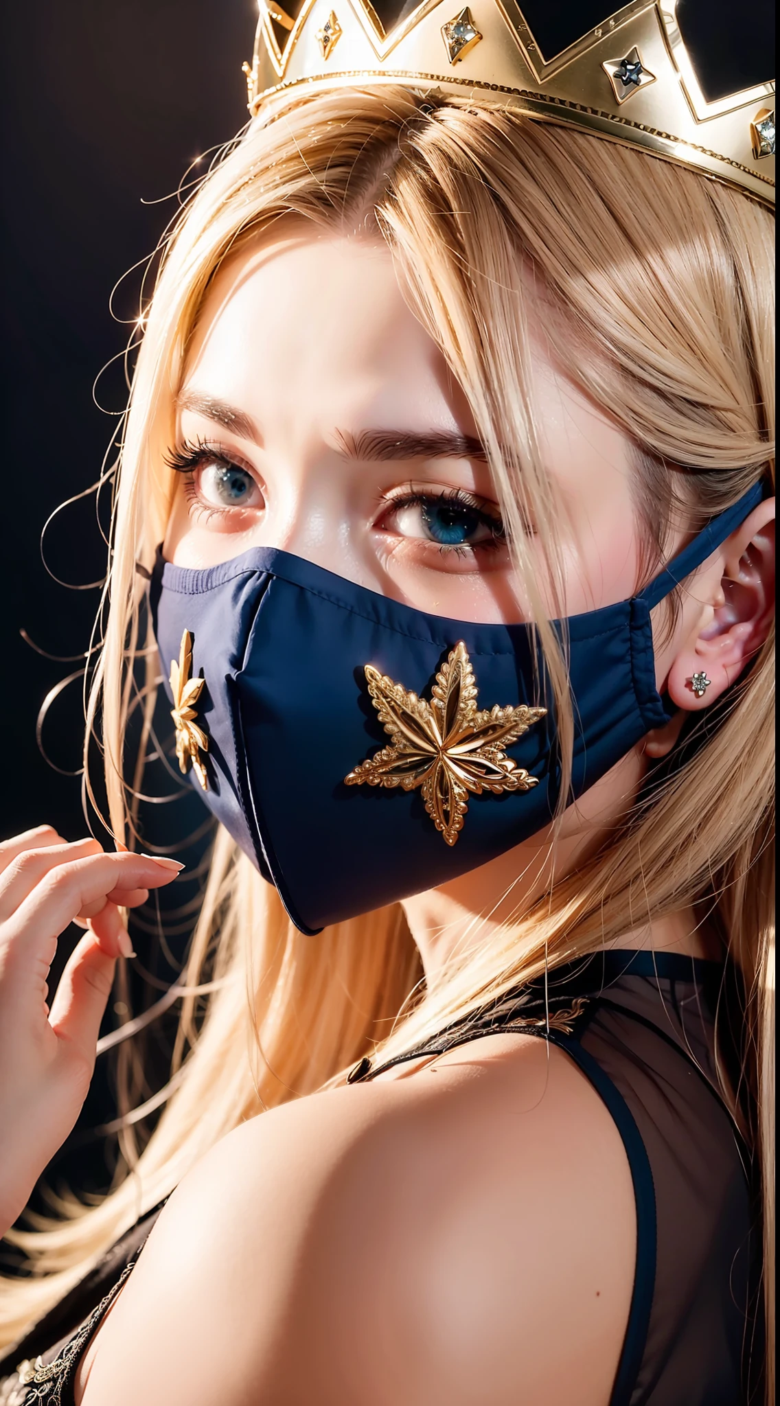 Rose-patterned masks are elaborately depicted,Delicate skin,Blue charming eyes,watered eyes,Blonde hair,elvish ears,Silvery crown,Soft light and shadow,best quality wallpaper,ultra HD picture quality。