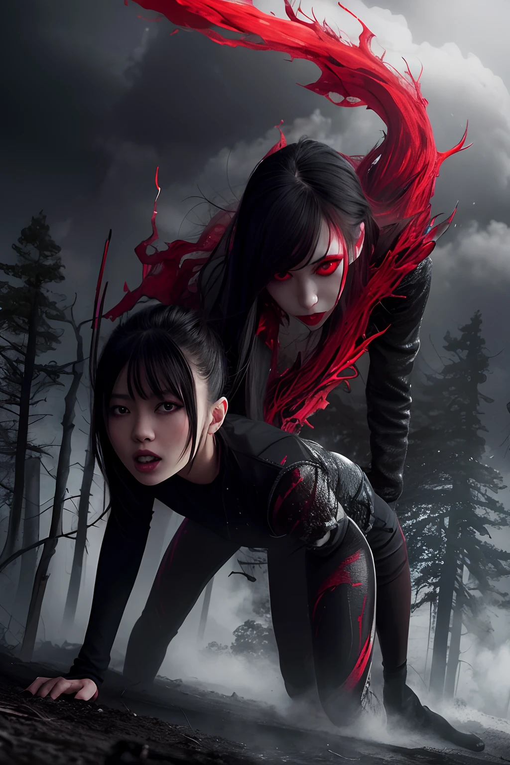 A girl with red eyes, Sharp teeth,Poor white pupils,full bodyesbian, Redness of the eyes,Black clothes
terror, Broken, contortion, sky, Heavy fog, Smoke, Dark forest, junji ito undertones, Masterpiece, 超高分辨率, High quality,