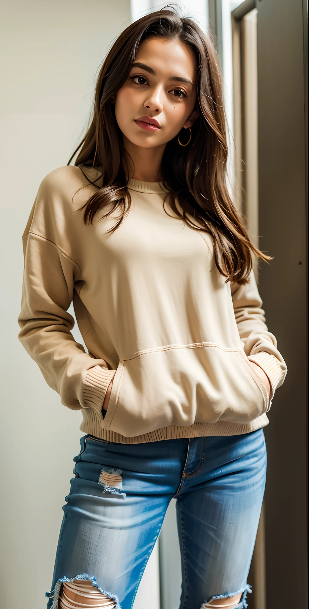 um close up de uma mulher linda de cueca em uma cama, trending on r/streetwear, vestindo moletom, she is wearing streetwear, vestindo um pescador 🧥, sweater, 🍂 fofo, streetwear casual, streetwear casual bonito, frio como gelo! 🧊, roupas casuais, perfeitamente proporcionado, roupas casuais, roupa cara, roupas detalhadas, roupas realistas, roupas frescas