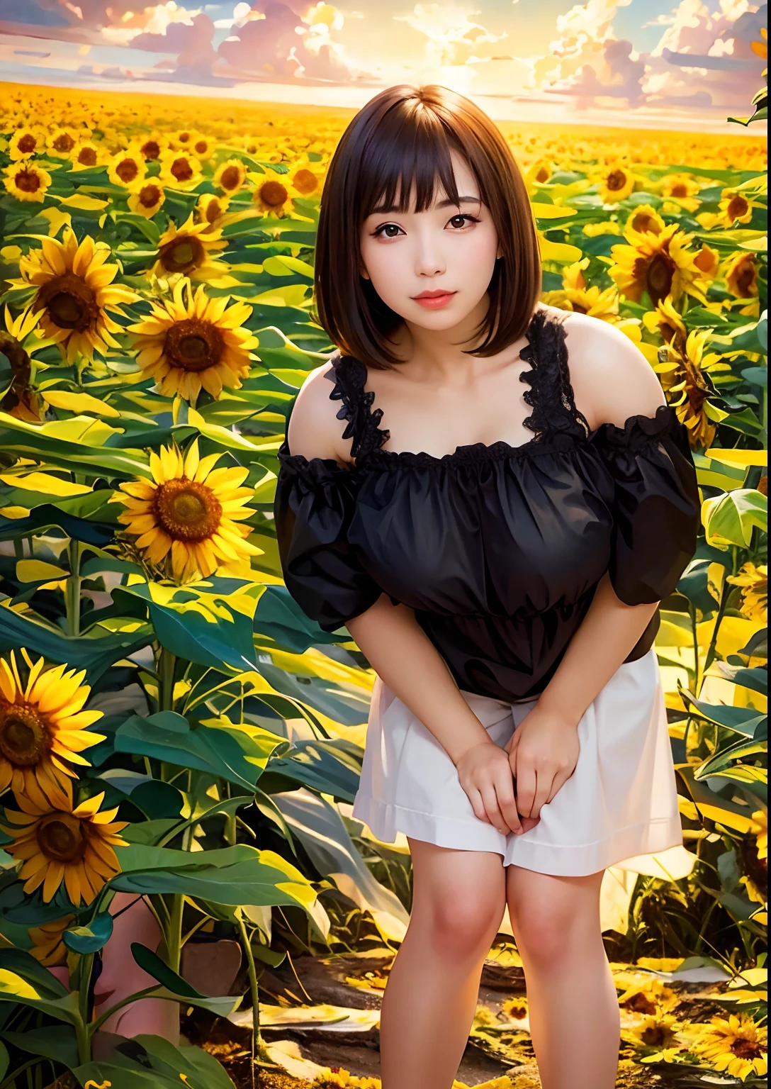 sunflower field, beautiful girl, design a passionate romantic scene, ultra detailed, masterpiece, best quality, xtremely detailed