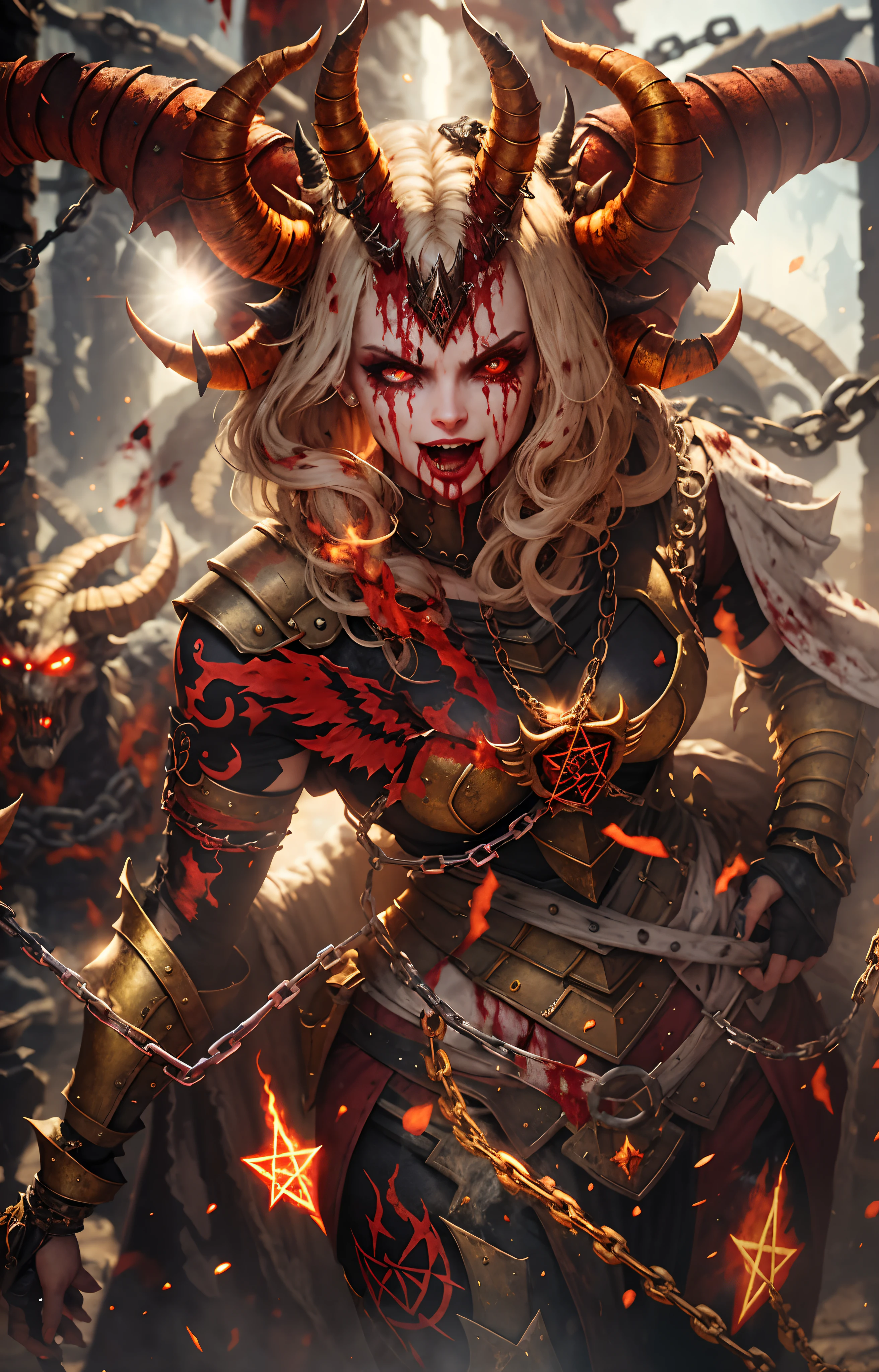 Movie CG, Tiflin, Female devil,Devil's daughter,Peerless beauty,s girl,devil tattoo,The armor was splattered with blood,It has gold etching on it, (paleskin), blood spatter, horns on head,succubi, Cruel laughter,(Burning red eyes), , Red-blooded pentagram, Glowing Grimmore closes, summoning circle, Rusty chains, The illuminated temple of Satan, Lens flare, Axis, intricately details, Highly detailed, voluminetric lighting, 4K rendering, stockphoto, Ultra photo realsisim, Lifelike texture, Dramatic lighting, illusory engine