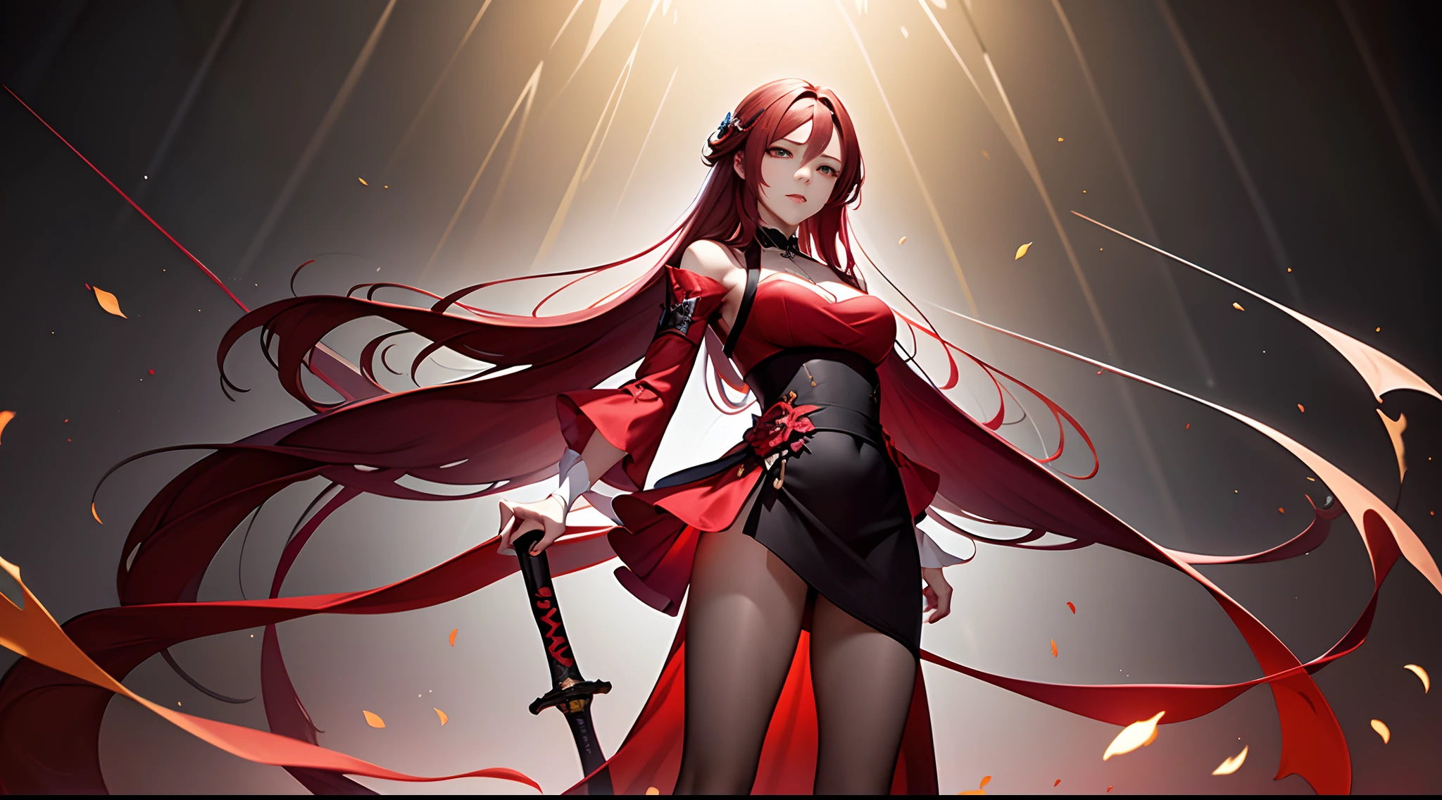 8K分辨率，Highest image quality，tmasterpiece，Master composition，Rich artistic conception，(Long flowing red hair:1.3)，despise，(Black and red dress:1.4)，Elegant and domineering，Fairy temperament，shock，Neat and bright sword，fusionart，hight contrast，cyber punk perssonage，Professional photography pose，Sony telephoto HD portrait