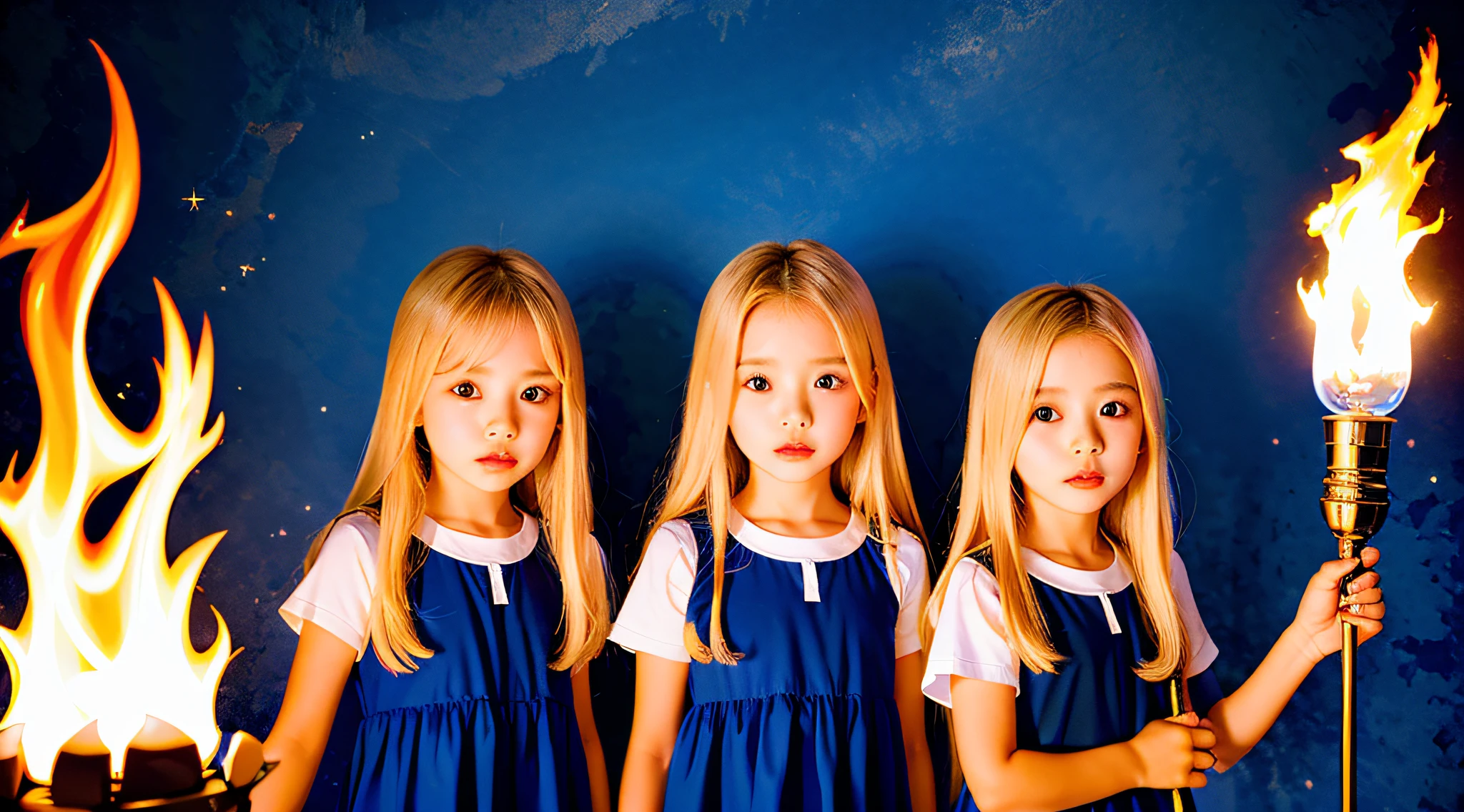 Three girls holding torches in front of a blue background, 3 sisters look into the mirror, color studio portrait, s jovens, in a row, simetria!! retrato, childrens, profissionalmente retocado, childrens, beautiful highly symmetric faces, Directed by: Jan Rustem, pintado digitalmente, identical picture, symmetrical centered portrait, twins, photo illustration, Clones