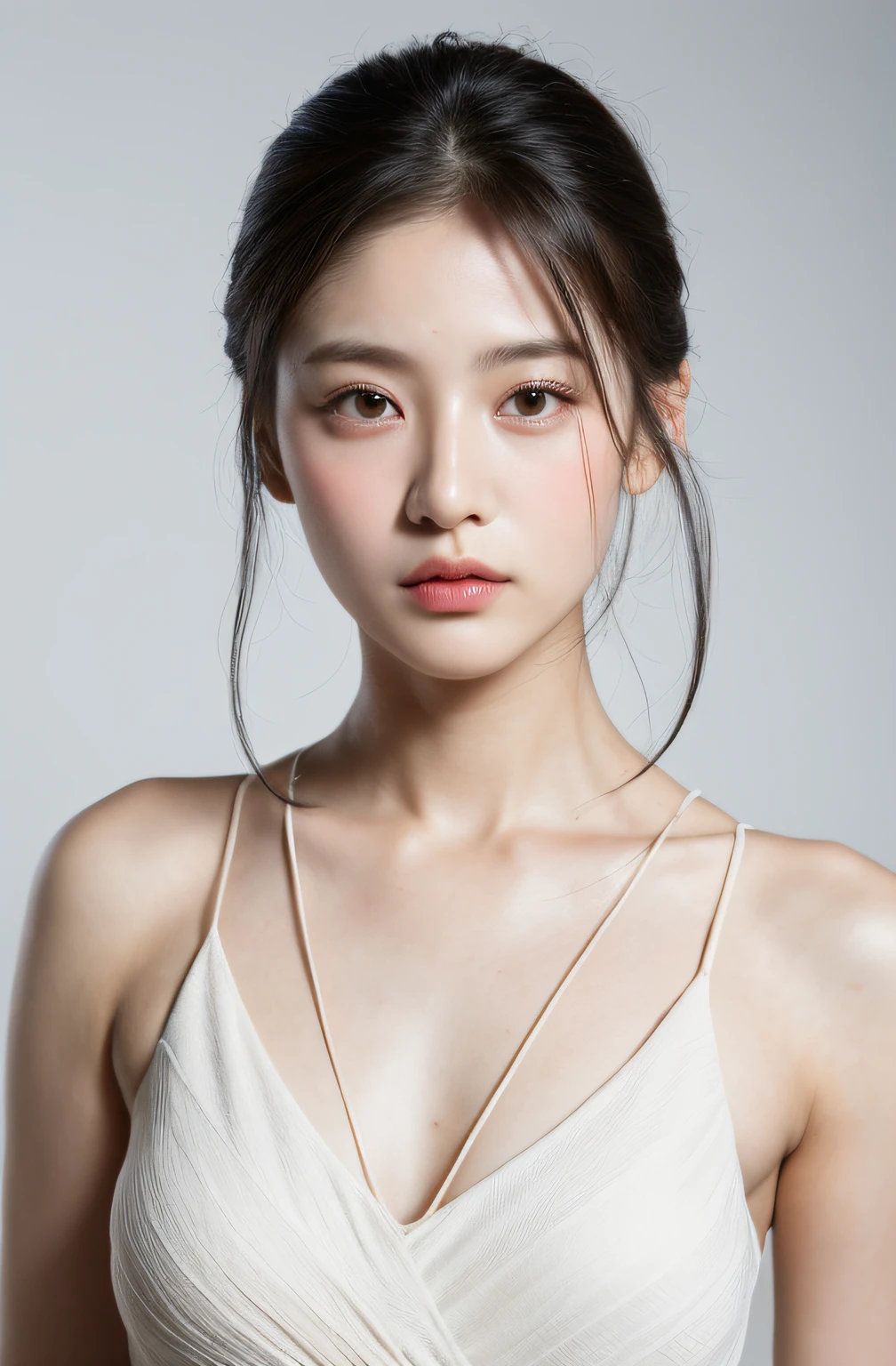 (In reality, high resolution:1.3, masterpiece, 8K, best quality, ultra detailed, studio shoot, photo realistic:1.4, photography ),
korean girl, ((Dark Brown Hair)), Perfect Body Beauty: 1.4, Slim Abs: 1.1, very beautiful face, realistic eyes, Ultra-Detailed Face, Detailed Lips, normal hand, glossy lips, glossy face, Highly detailed facial and skin texture, simple background
