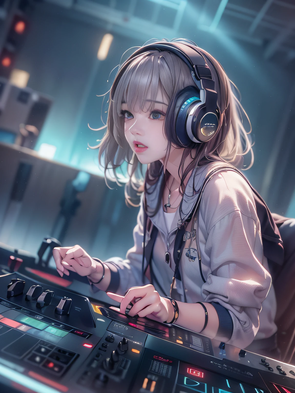 Alafed woman in DJ venue wearing headphones, ((A look tinged with joy，Ephemeral woman))，nightcore, With headphones, Kantai Collection Style, Soft lighting, with head phones, DJ female, anime moe art style，I am a DJ，((They are very focused:1.5)),small tits，slim figure,extremely detailed eye and face、beatiful detailed eyes,Beautiful skins,finely detail、smooth hair，detailed hairs，Very fine hairs，Cool color makeup，Lowered eyebrows、Whitening effect，thin and thin eyebrows，milky skin,DJs concentrate on the venue，(A scene from the venue)，((The gaze is looking at the venue))，The DJ machine is exquisitely operated