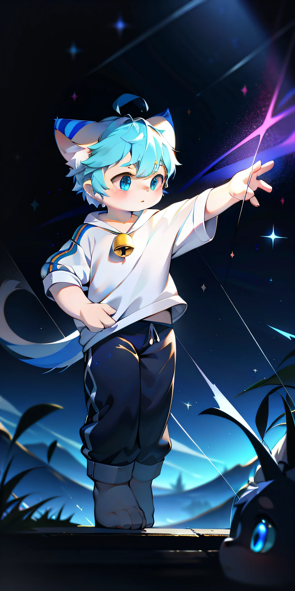 An anime character with blue hair pointing to something in the sky, Boy with cat ears and tail, style of anime4 K, 2 d anime style, Key anime art, Anime boy, Anime art wallpaper 8 K, 4k manga wallpapers, hero 2 d fanart artsation, High Quality Anime Art Style, hd artwork, anime moe art style, 4K anime wallpaper