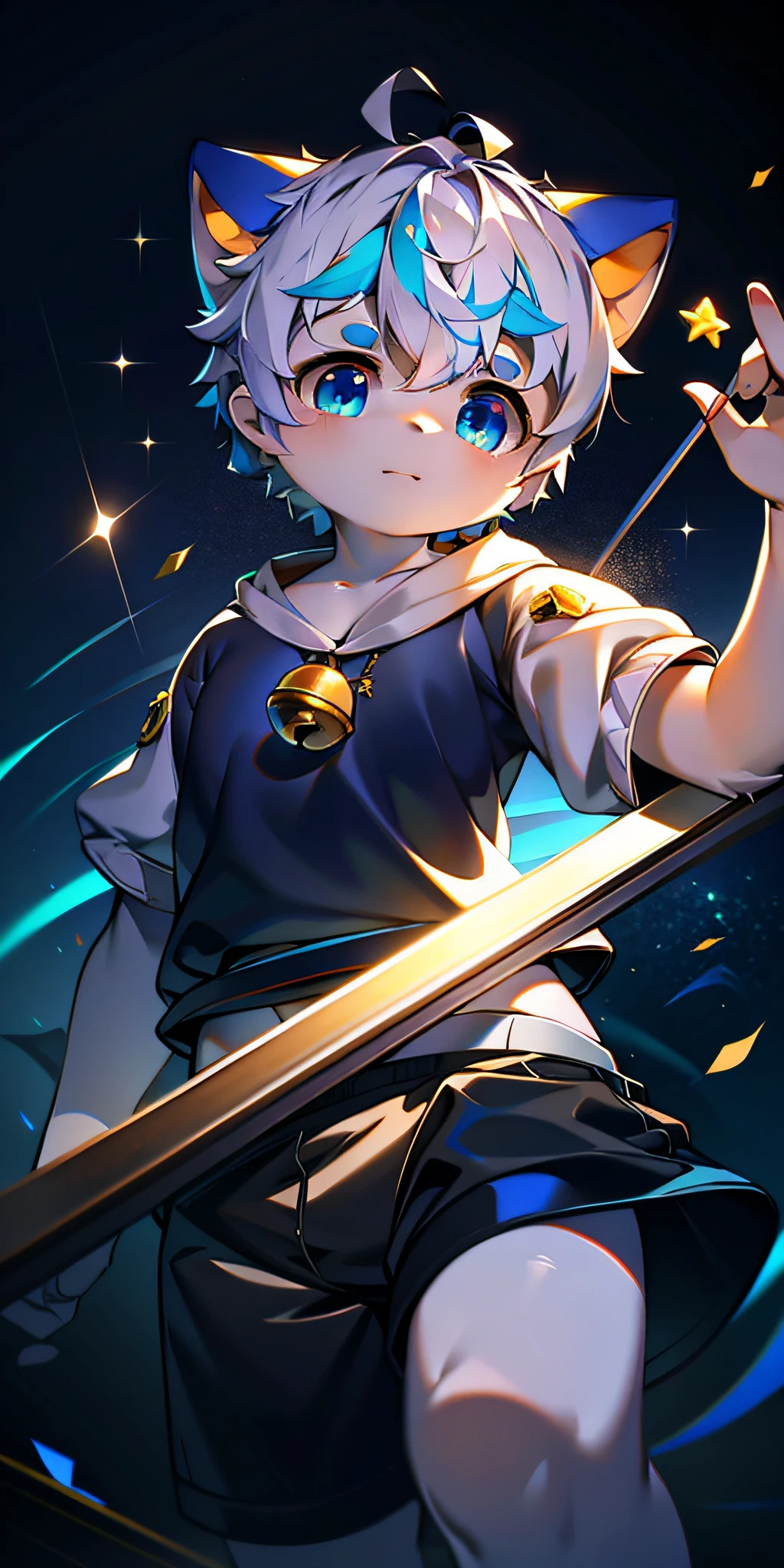 Silver eyes, Shota, White sweatshirt, Black shorts, Striped hair, Colored inner hair, Silver hair, ahoge, Floating hair, Shiny hair, Expressive hair, hair adornments, bell, star hair ornament, aqua eyes, Gradient eyes, eyes reflection, Cat ears, parted lip, High detail, cubismo, Anime style, anime big breast, Ray tracing, full bloom, Cinematic lighting, Sparkle, Chiaroscuro, hyper HD, retinas, Masterpiece, ccurate, Textured skin, Super detail, High details, High quality, Award-Awarded, Best quality, A high resolution, 8K