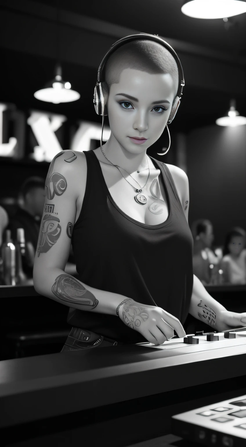 Best quality, Masterpiece, Ultra High resolution, (Fidelity :1.4), (B&W:1.3), original photo, Edge lighting, two-tone light, Professional, Photography, 1 girl, Di Bar, girl wearing headphones, DJing at the bar, DJ, DJ booth, DJ machine, (buzz cut:1.1), (Tattoo :1.1), Happy, Dynamic, Gucci, Versace, cool, necklace, view