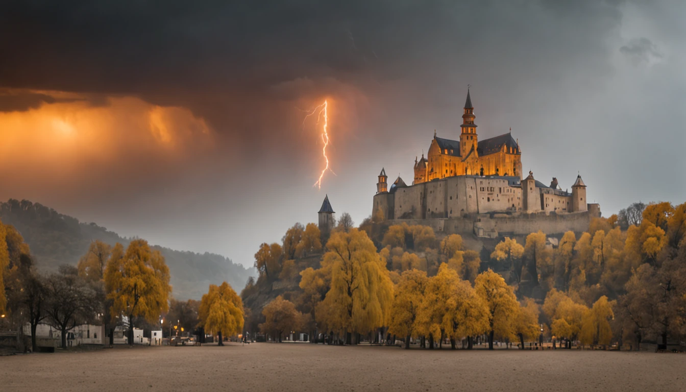 In heavy rain,((A huge castle complex of ancient square-topped stones burning in the fire))The picture quality is excellent,Lightning,Yellow light fog,电影灯光,Natural, realistic colors,Full composition,The style refers to Van Gogh,Subject content,Burning wooden ancient domed stone giant castle game scene 1:60 miniatures,Lightning and lightning
