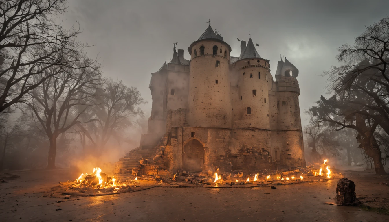 In heavy rain,((A huge castle complex of ancient square-topped stones burning in the fire))The picture quality is excellent,Lightning,Yellow light fog,电影灯光,Natural, realistic colors,Full composition,The style refers to Van Gogh,Subject content,Burning wooden ancient domed stone giant castle game scene 1:60 miniatures,Lightning and lightning