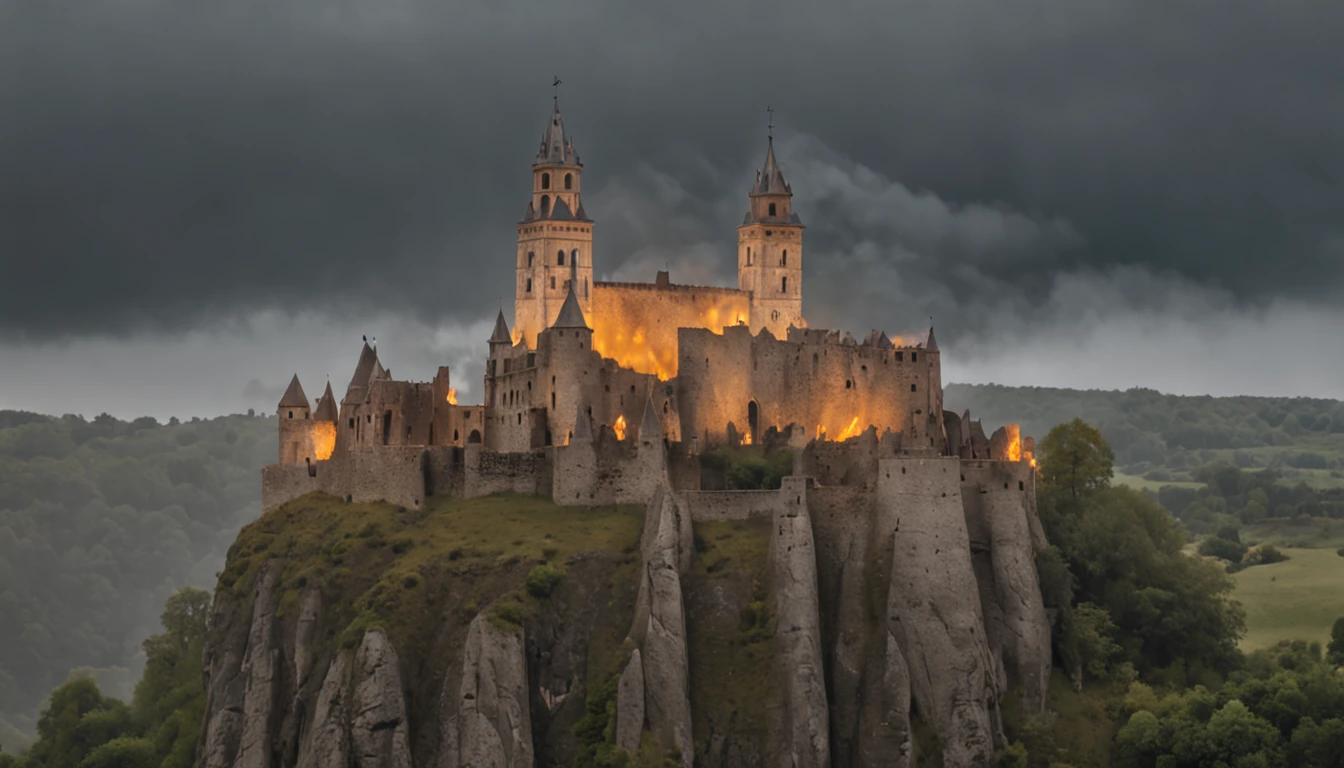 In heavy rain,((A huge castle complex of ancient square-topped stones burning in the fire))The picture quality is excellent,Lightning,Yellow light fog,电影灯光,Natural, realistic colors,Full composition,The style refers to Van Gogh,Subject content,Burning wooden ancient domed stone giant castle game scene 1:60 miniatures,Lightning and lightning