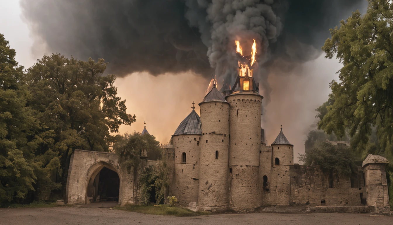 In heavy rain，（（A huge castle complex of ancient square-topped stones burning in the fire））The picture quality is excellent，Lightning，Yellow light fog，电影灯光，Natural, realistic colors，Full composition，The style refers to Van Gogh，Subject content，Burning wooden ancient domed stone giant castle game scene 1：60 miniatures，Lightning and lightning
