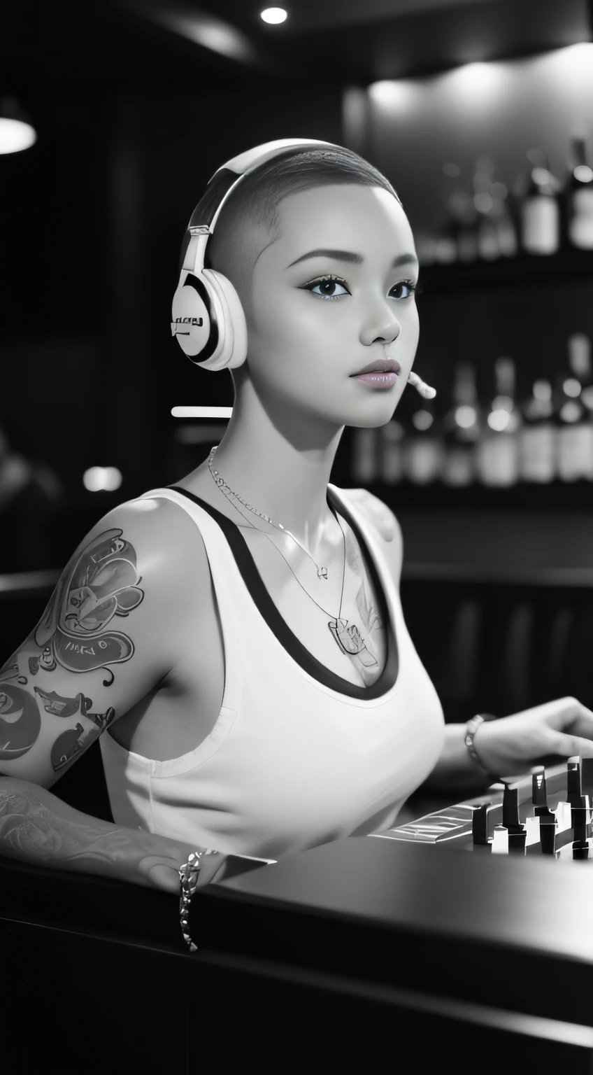 Best quality, Masterpiece, Ultra High resolution, (Fidelity :1.4), (B&W:1.3), original photo, Edge lighting, two-tone light, Professional, Photography, 1 girl, Di Bar, girl wearing headphones, DJing at the bar, DJ, DJ booth, DJ machine, (buzz cut:1.1), (Tattoo :1.1), Happy, Dynamic, Gucci, Versace, cool, necklace, view