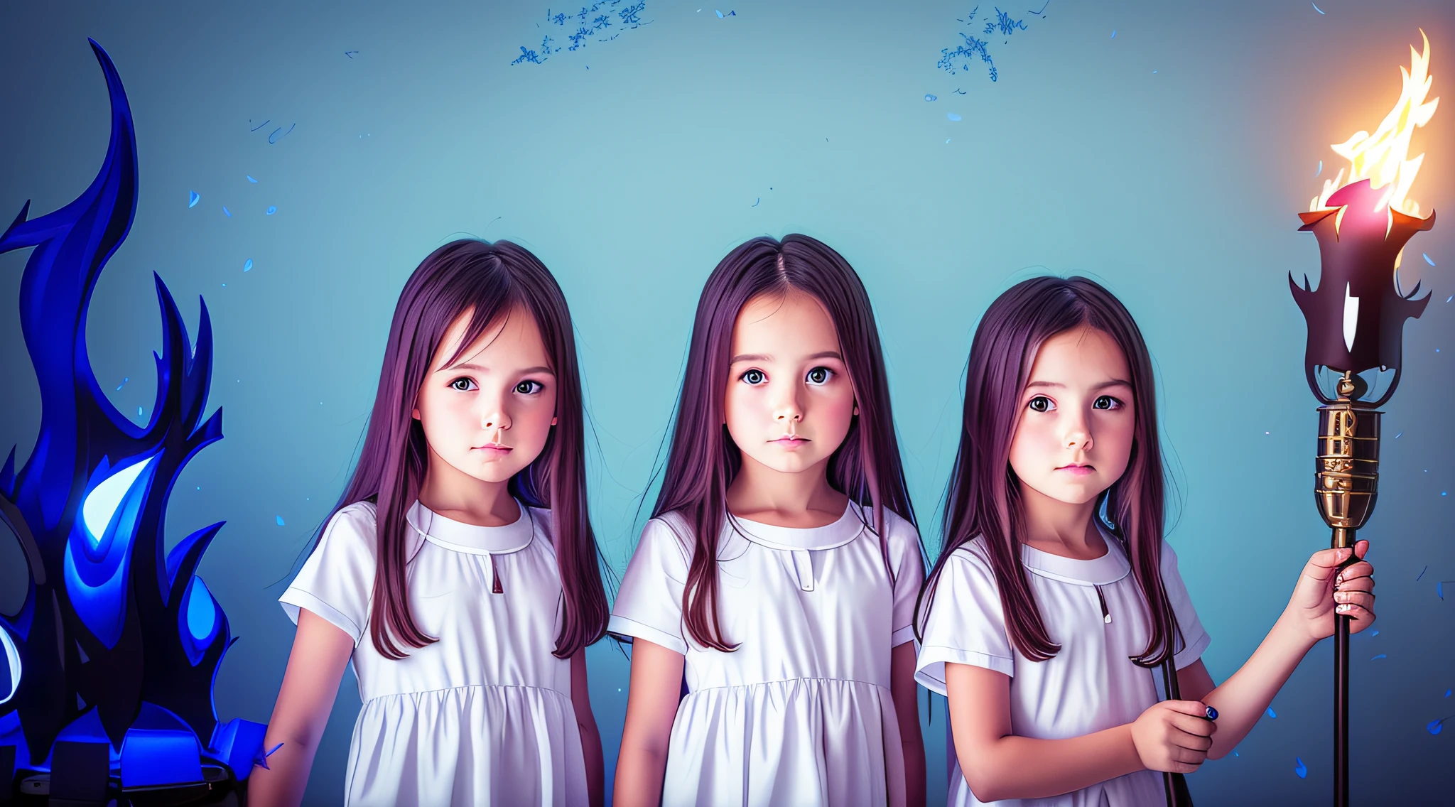 Three girls holding torches in front of a blue background, 3 sisters look into the mirror, color studio portrait, s jovens, in a row, simetria!! retrato, childrens, profissionalmente retocado, beautiful highly symmetric faces, childrens, Directed by: Jan Rustem, pintado digitalmente, identical picture, symmetrical centered portrait, twins, photo illustration, Clones