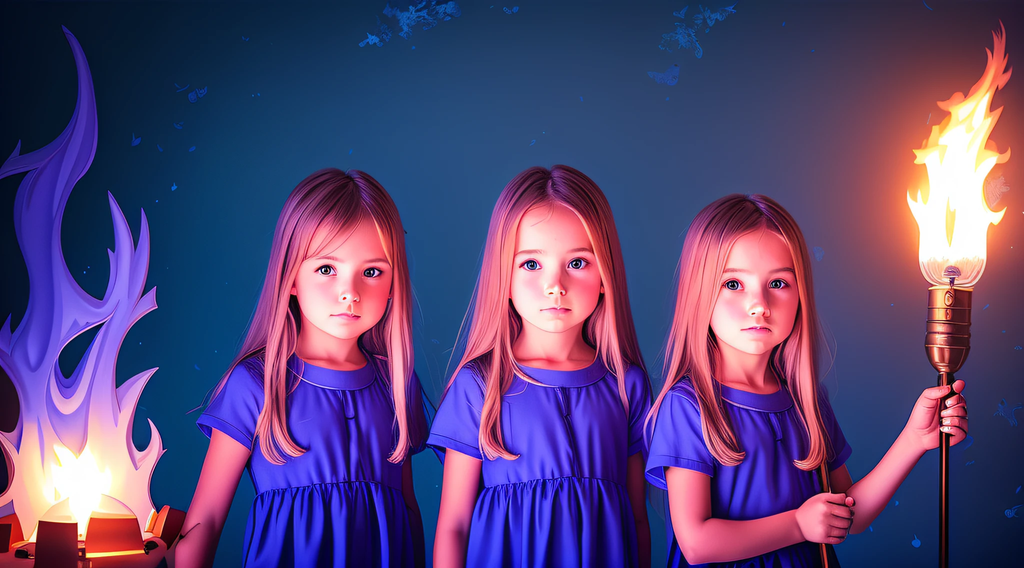 Three girls holding torches in front of a blue background, 3 sisters look into the mirror, color studio portrait, s jovens, in a row, simetria!! retrato, childrens, profissionalmente retocado, beautiful highly symmetric faces, childrens, Directed by: Jan Rustem, pintado digitalmente, identical picture, symmetrical centered portrait, twins, photo illustration, Clones