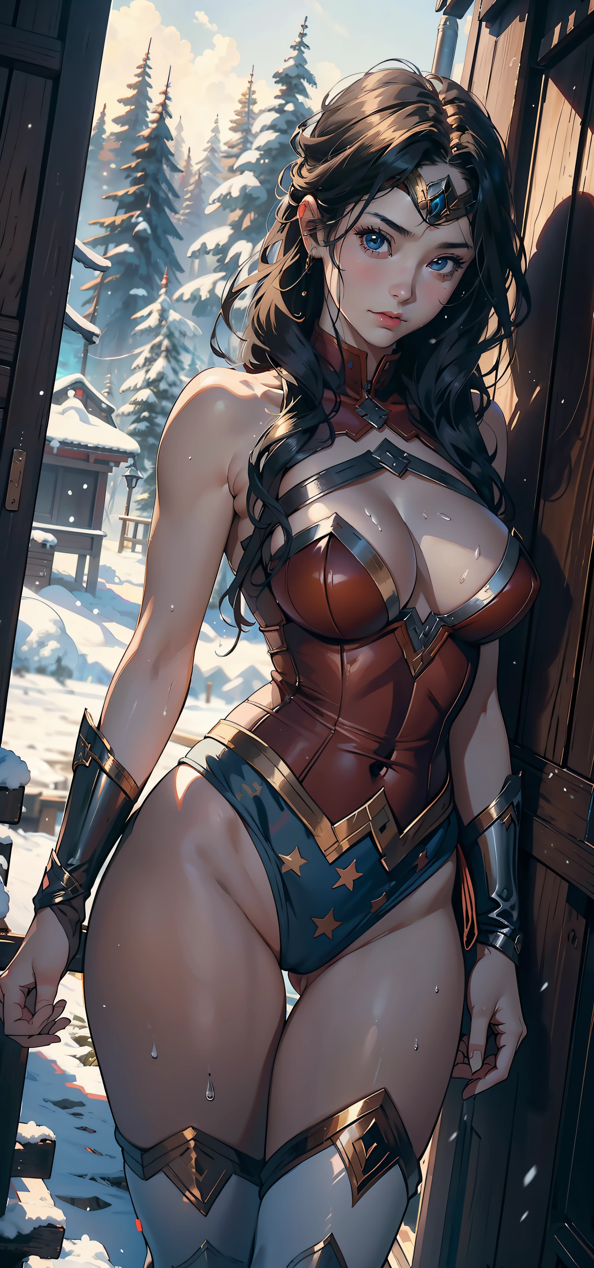 1female，25 age old，Large breasts，Pornographic exposure， 独奏，（Background with：ports，coniferous forest，at winter season，Snow on the ground） with his long black hair， 比基尼，standing on your feet，Sweat profusely，drenched all over the body，seen from the front， curlies， mostly cloudy sky，（（（tmasterpiece），（Very detailed CG unity 8K wallpaper），best qualtiy，cinmatic lighting，detailed back ground，beatiful detailed eyes，Bright pupils，（Very fine and beautiful），（Beautiful and detailed eye description），ultra - detailed，tmasterpiece，）），facing at camera，A high resolution，ultra - detailed），revealing breasts，Bare genitalia， Bulge，Camel toes，Raised sexy，Flushed complexion，Open-mouthed，frontage，Victorian style，Wearing a Wonder Woman uniform，head band