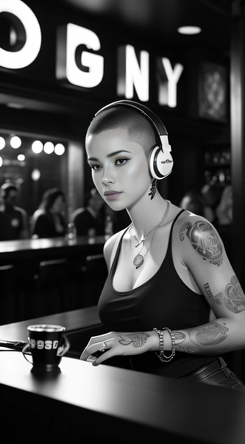 Best quality, Masterpiece, Ultra High resolution, (Fidelity :1.4), (B&W:1.3), original photo, Edge lighting, two-tone light, Professional, Photography, 1 girl, Di Bar, girl wearing headphones, DJing at the bar, DJ, DJ booth, DJ machine, (buzz cut:1.1), (Tattoo :1.1), Happy, Dynamic, Gucci, Versace, cool, necklace, view