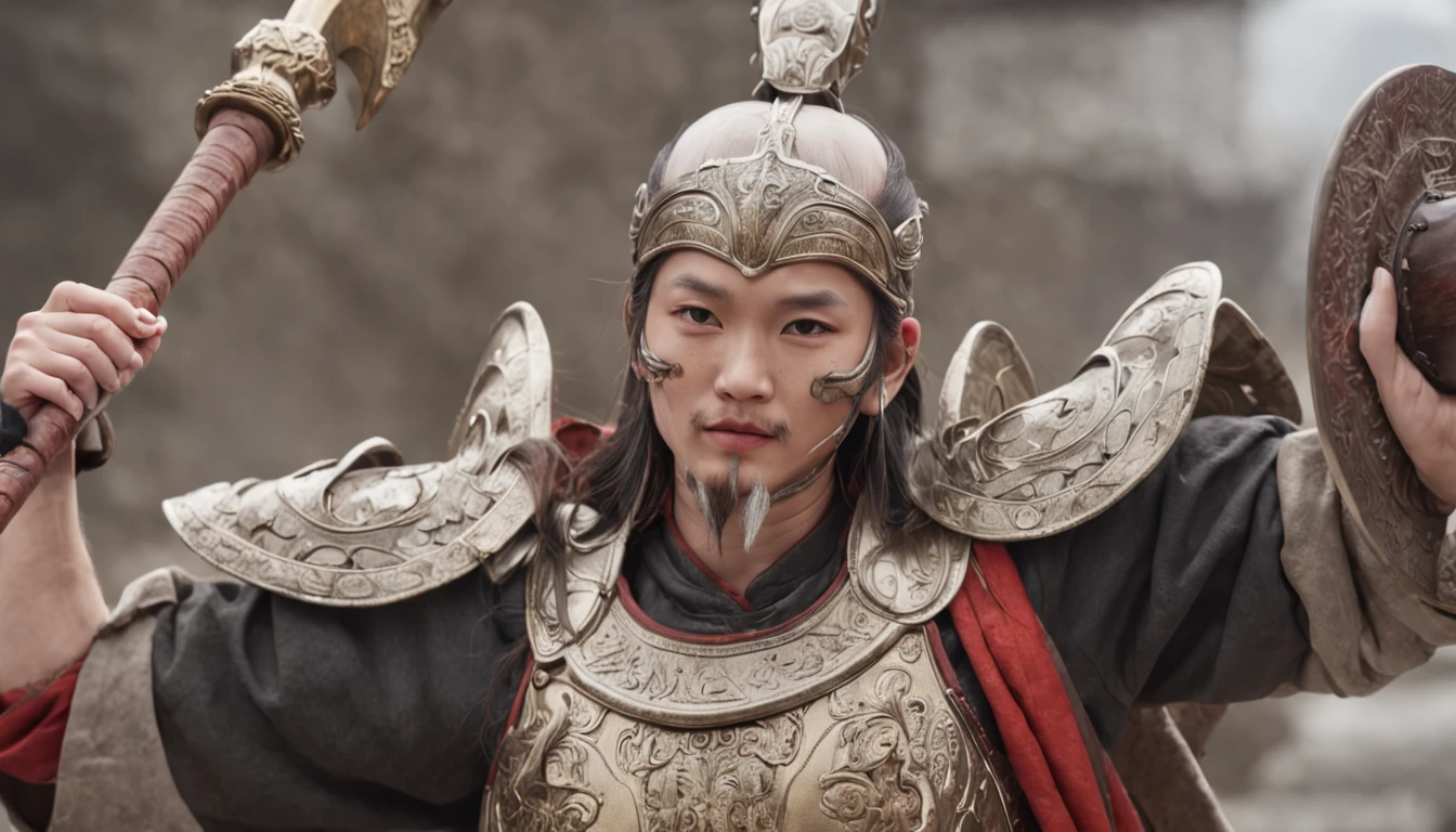 In Blizzard，Chinese Antiquity，Experienced in a hundred battles，Brave and domineering，Silver helmet, white leather armor, gilded gold silk battle robe，Carry a giant axe，photographed，8k wallpaper，Rouge complexion，Egg white like skin，Sense of scene，Open your face，extremely happy，Side viewing angle，full bodyesbian，Unrealistic engine rendering，rendering by octane，Realistic painting，starryskybackground，Fisheye perspective，coloured with lots of colour，Doubleexposure，Pale landscape painting，Game quality