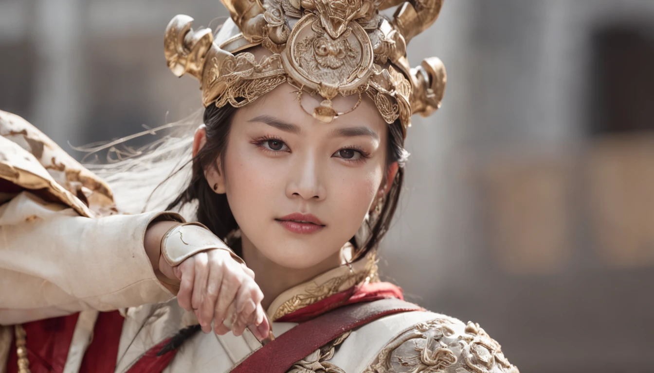 In Blizzard，Chinese Antiquity，Experienced in a hundred battles，Brave and domineering，Silver helmet, white leather armor, gilded gold silk battle robe，Carry a giant axe，photographed，8k wallpaper，Rouge complexion，Egg white like skin，Sense of scene，Open your face，extremely happy，Side viewing angle，full bodyesbian，Unrealistic engine rendering，rendering by octane，Realistic painting，starryskybackground，Fisheye perspective，coloured with lots of colour，Doubleexposure，Pale landscape painting，Game quality