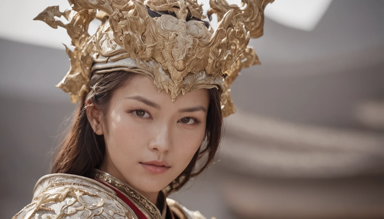 In Blizzard,Chinese Antiquity,Experienced in a hundred battles,Brave and domineering,Silver helmet, white leather armor, gilded gold silk battle robe,Carry a giant axe,photographed,8k wallpaper,Rouge complexion,Egg white like skin,Sense of scene,Open your face,extremely happy,Side viewing angle,full bodyesbian,Unrealistic engine rendering,rendering by octane,Realistic painting,starryskybackground,Fisheye perspective,coloured with lots of colour,Doubleexposure,Pale landscape painting,Game quality