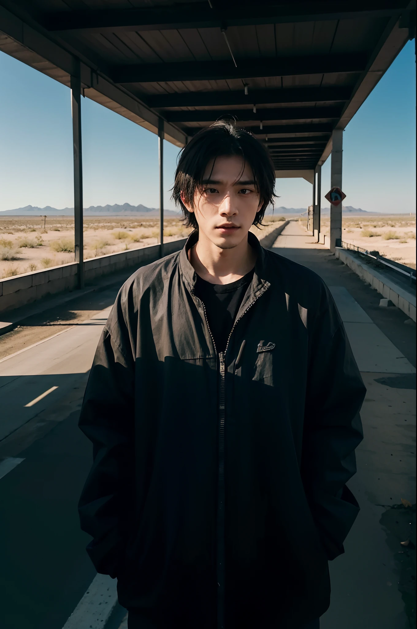 A lone,Depressive,A feeling of suffocation,emptiness,desolation,One guy,(Multi-scenario),Look into the distance,超高分辨率,Master masterpieces,super high precision,multi-perspective,The character is centered,Far perspective,Desert Highway
