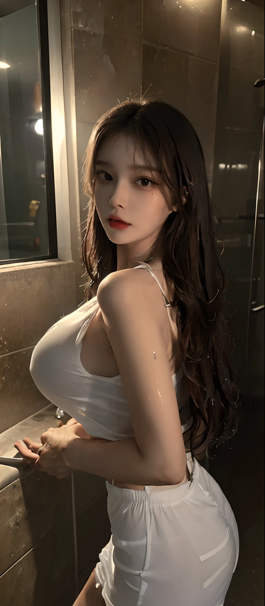 ((Best quality, 8k, Masterpiece :1.3)), pretty woman, 1girl, huge breasts :1.3, slender figure :1.1, fit and firm body, dark brown hair, (shower, wet body, wet clothes:1.1), ultra-detailed face, detailed lips, detailed eyes, double eyelid